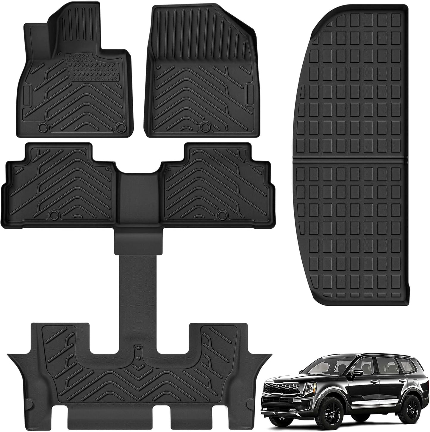 AUTOSAVER88 Floor Mats & Cargo Liners Fit for Kia Telluride 7/8 Seats 2025 2024-2020, All Weather TPE Custom for Floor Liners Trunk Mats Heavy Duty Waterproof Car Mats Set Interior Accessories, Black