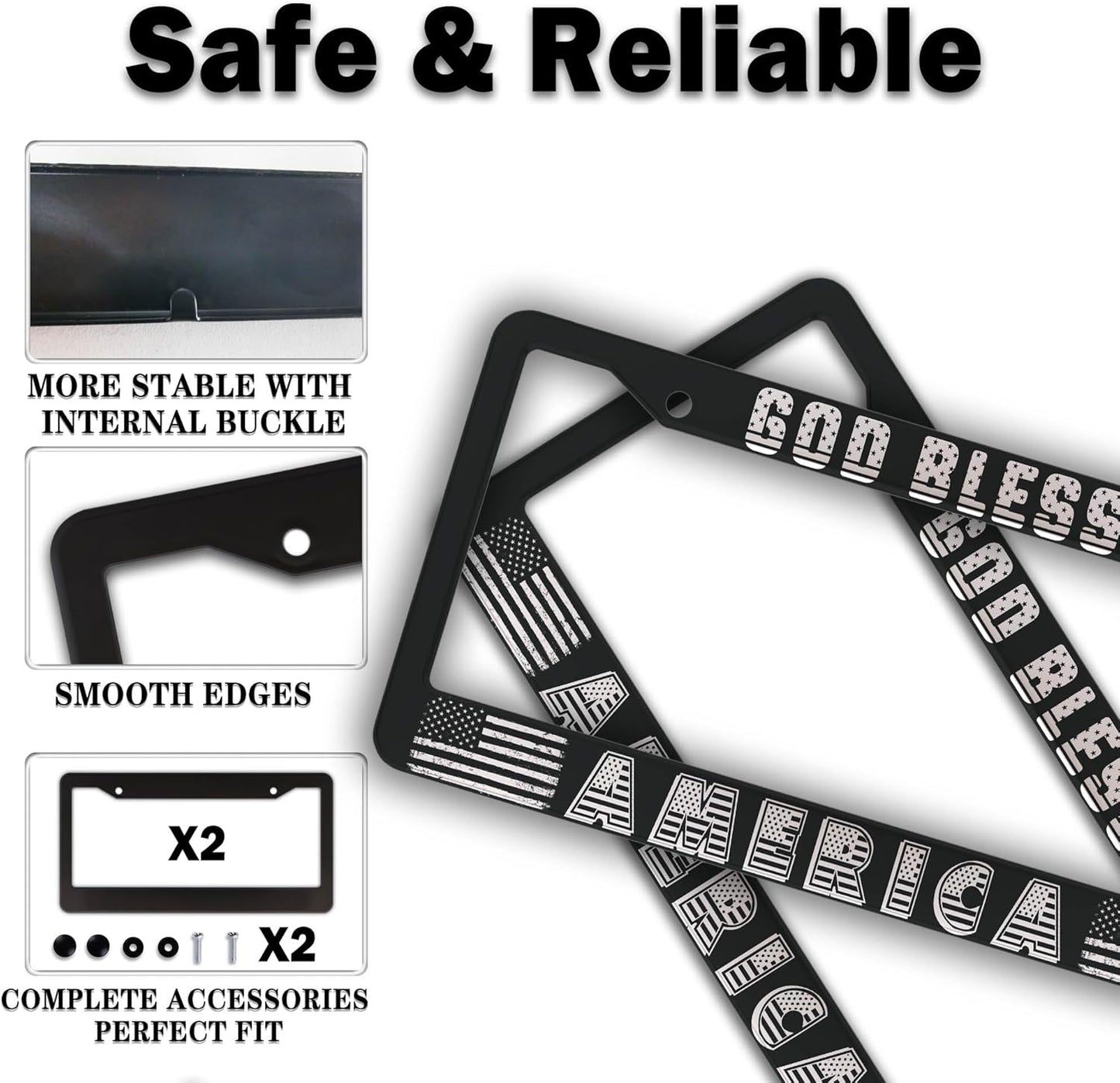 License Plate Frames Black and White License Plate Frame God Bless America Aluminum Metal Car Accessory 2 Pack with Screw Covers Set