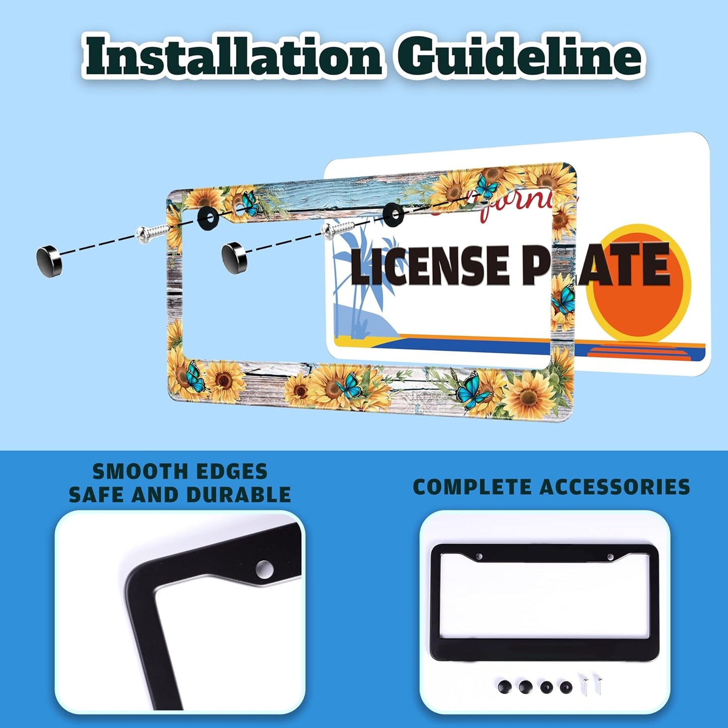 Blue Butterfly Sunflower License Plate Frame Wooden Board Flowers Animals License Plate Holder for Front or Rear Car Tags Stainless Steel Funny Car Decoration with Screws 6.3 X 12.2 in