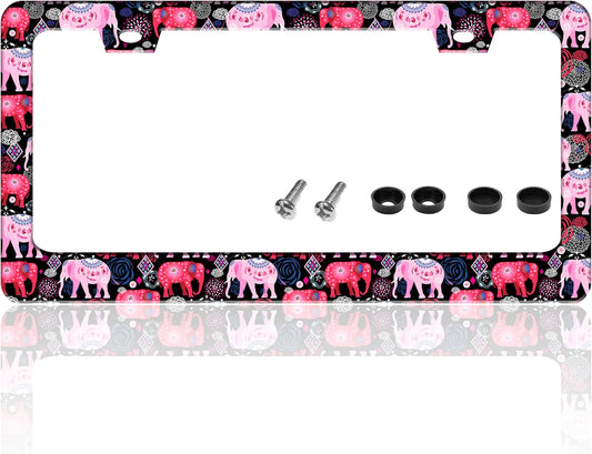 Tribal Elephant License Plate Frame Beautiful Animal License Plate Holder for Front or Rear Car Tags Reusable Stainless Steel Funny Car Decoration with Screws 6.3 X 12.2 Inch