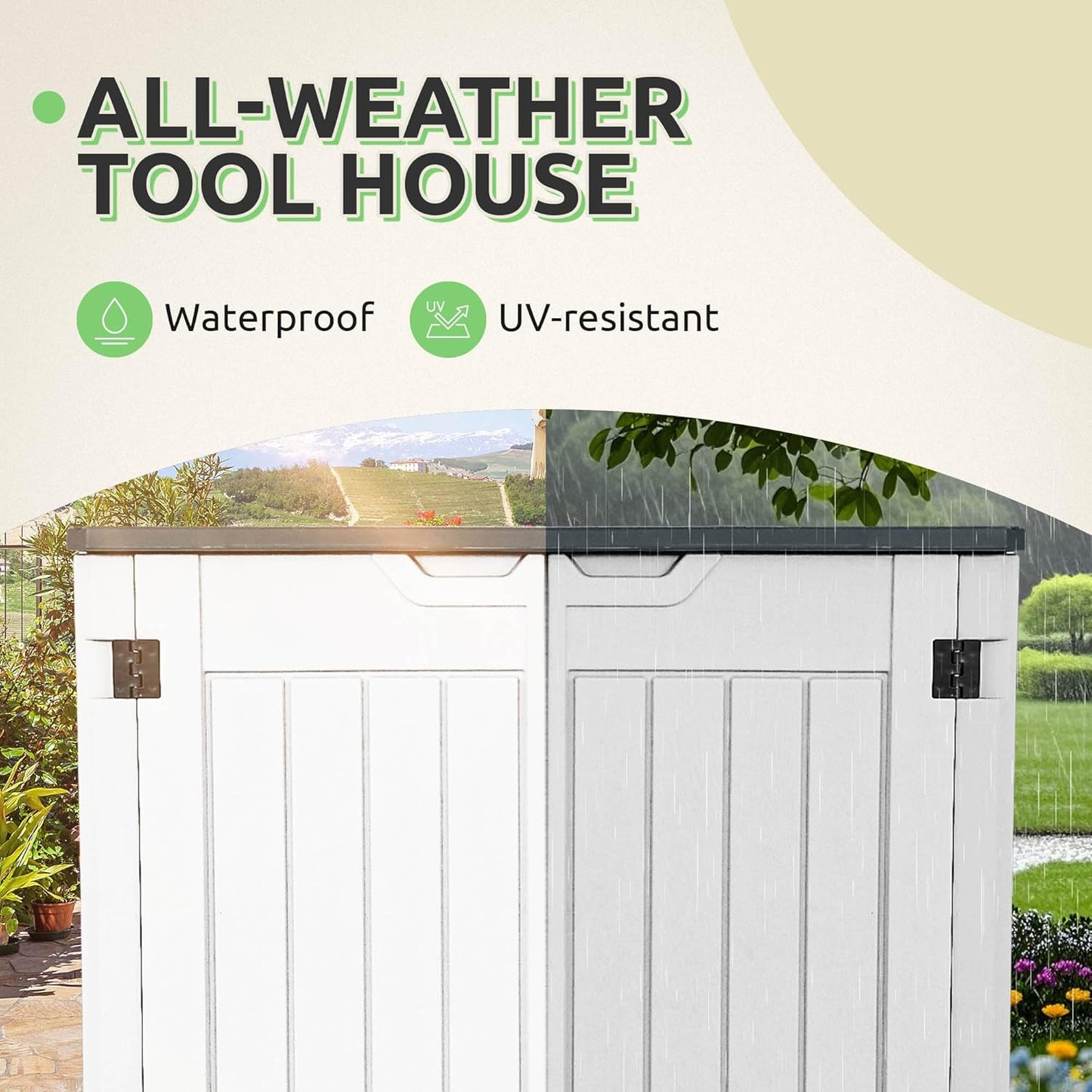 GOOBED 4.5x4ft Outdoor Horizontal Resin Storage Shed, 47 cuft Large Waterproof Tool Shed, No Shelf Included, Lockable, Easy Assembly (Light Gray)