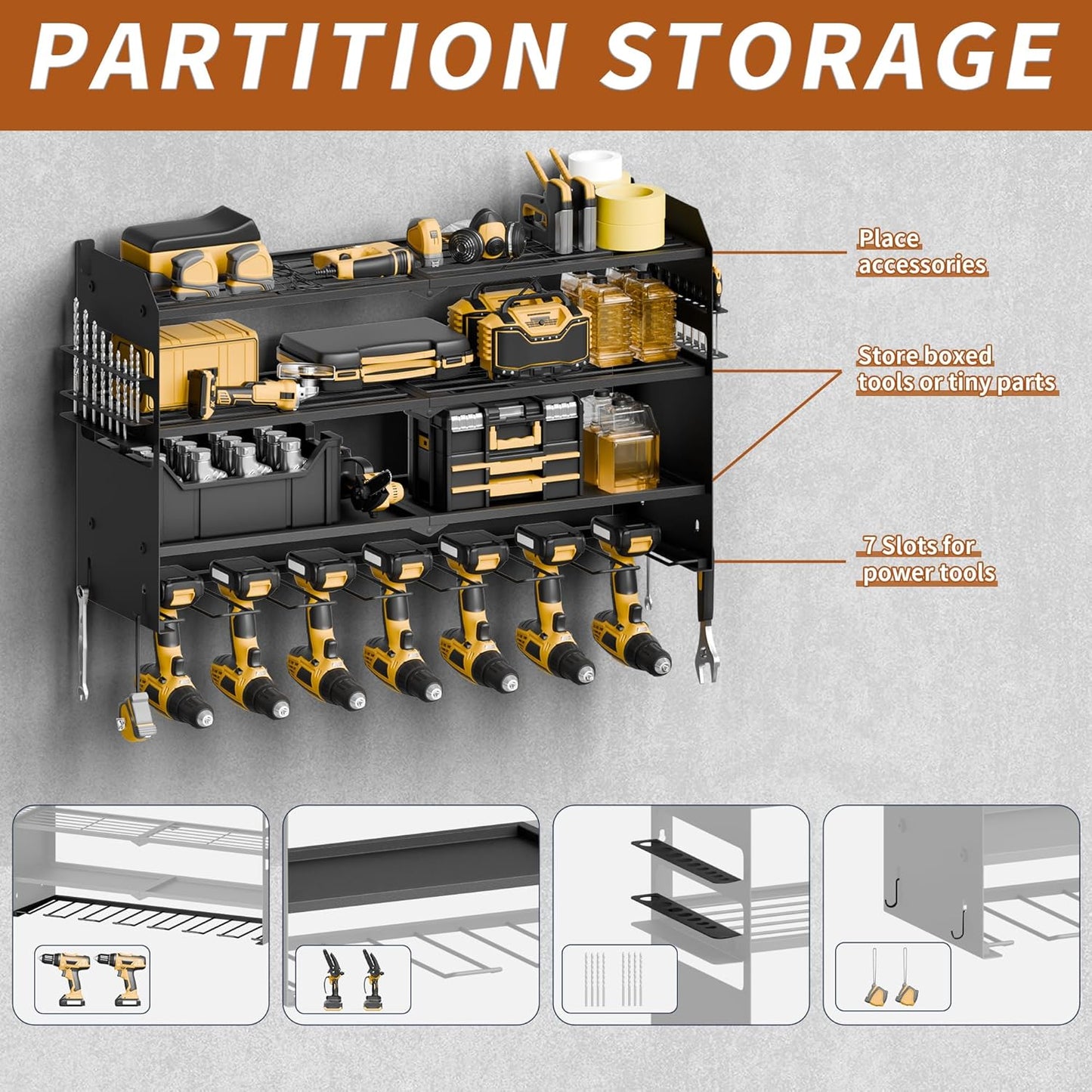 NINAT Heavy Duty 4-Tier Wall Mount Tool Organizer Rack - 7 Drill Holders, 150lb Capacity for Power Tools, Cordless Drills | Garage, Workshop, Shed & Basement Storage Solution