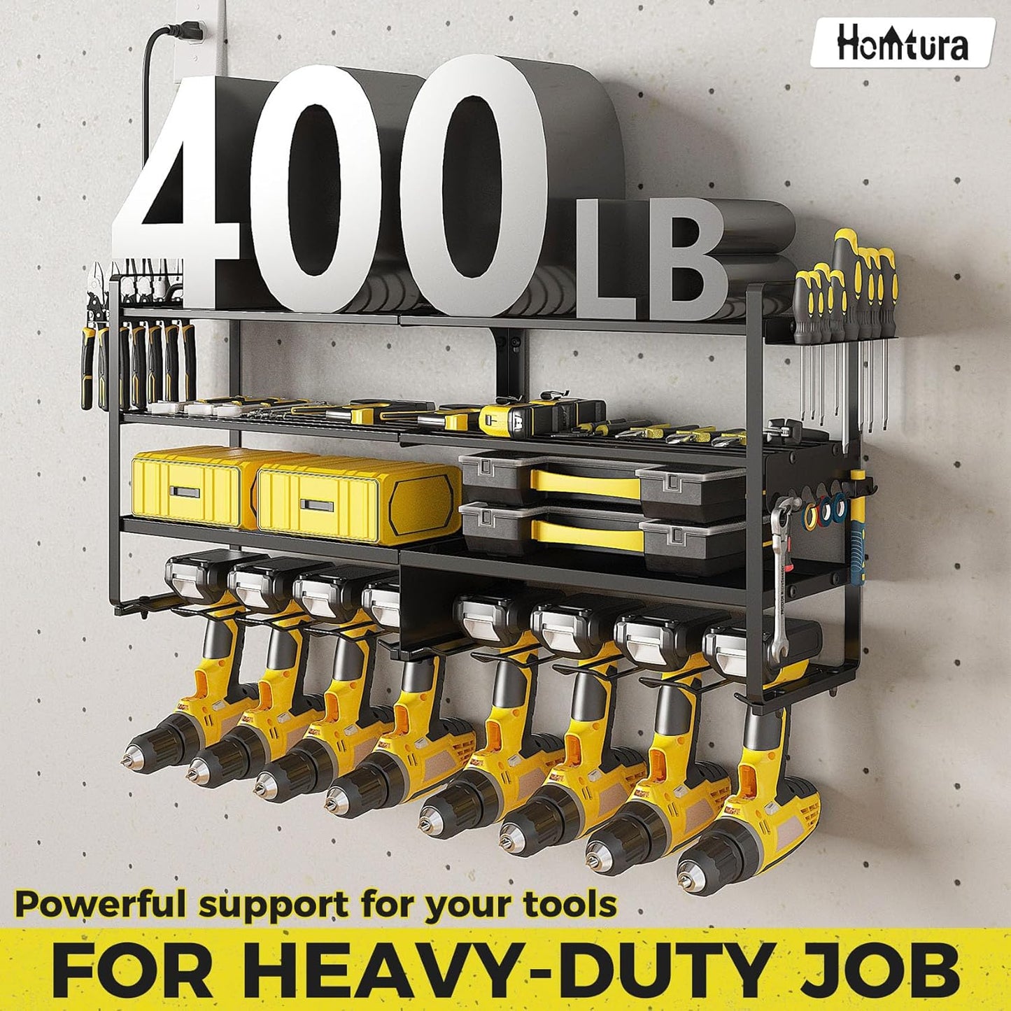 2 Pack Power Tool Organizer Wall Mount with Charging Station, 8 Outlet Power Strip & 4 Layers Storage Rack with 8 Drill Holders for Cordless Tools, Heavy Duty Utility Racks for Garage Workshop