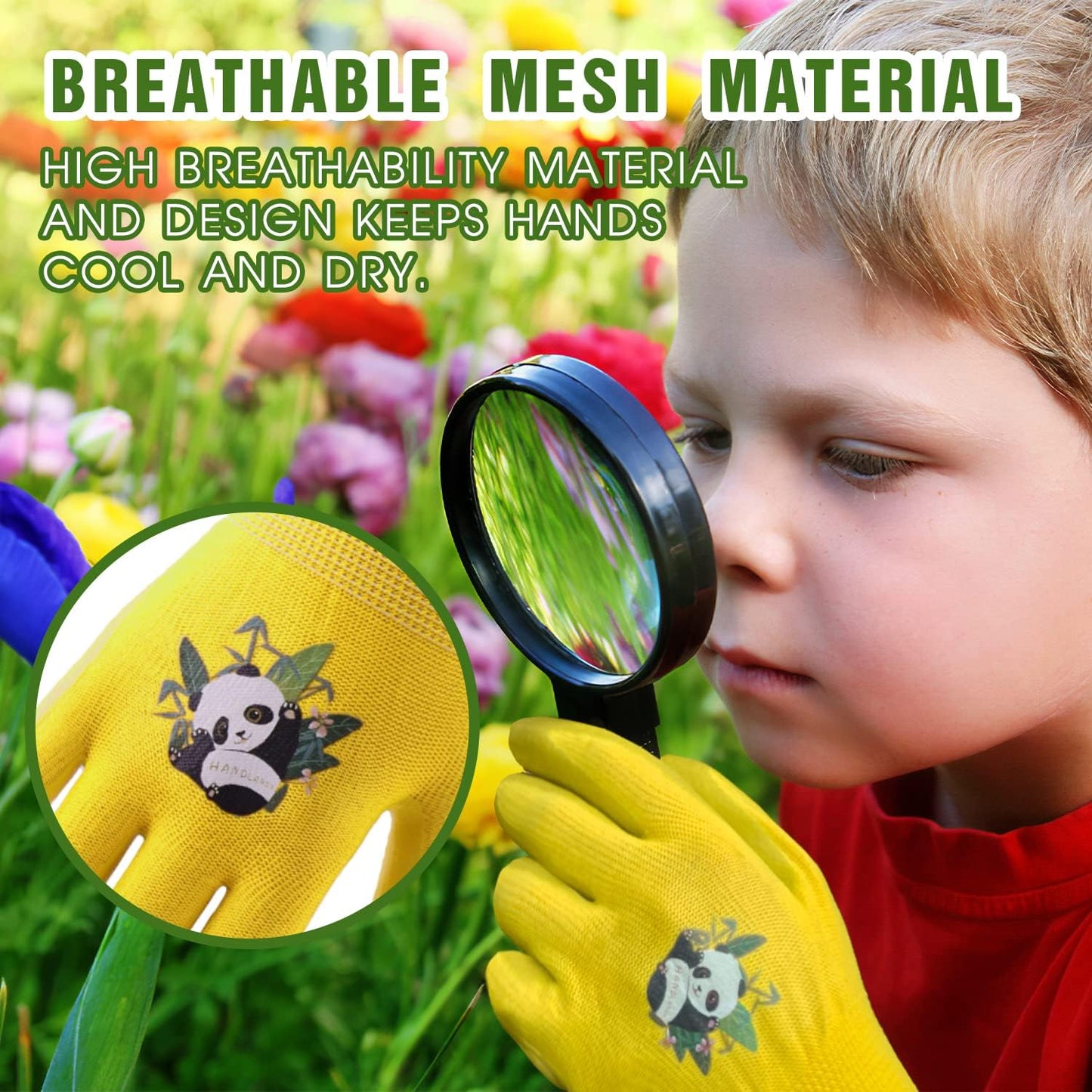 HANDLANDY 3 Pairs Kids Gardening Gloves Latex Free, Nitrile Coated Children Toddler Garden Yard Outdoor Playing Gloves for Little Girls Boys (Size L)