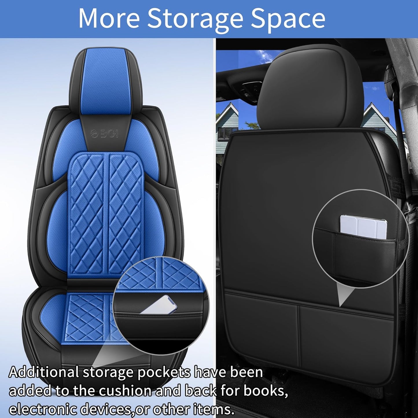 Car Seat Cover Custom Fit for Dodge Ram 1500 2500 3500 2009-2024 Faux Leather Seat Cover Set Compatible with Crew Quad Regular Cab Pickup Truck Cushions (Black & Blue, Full Set, Flat Rear)