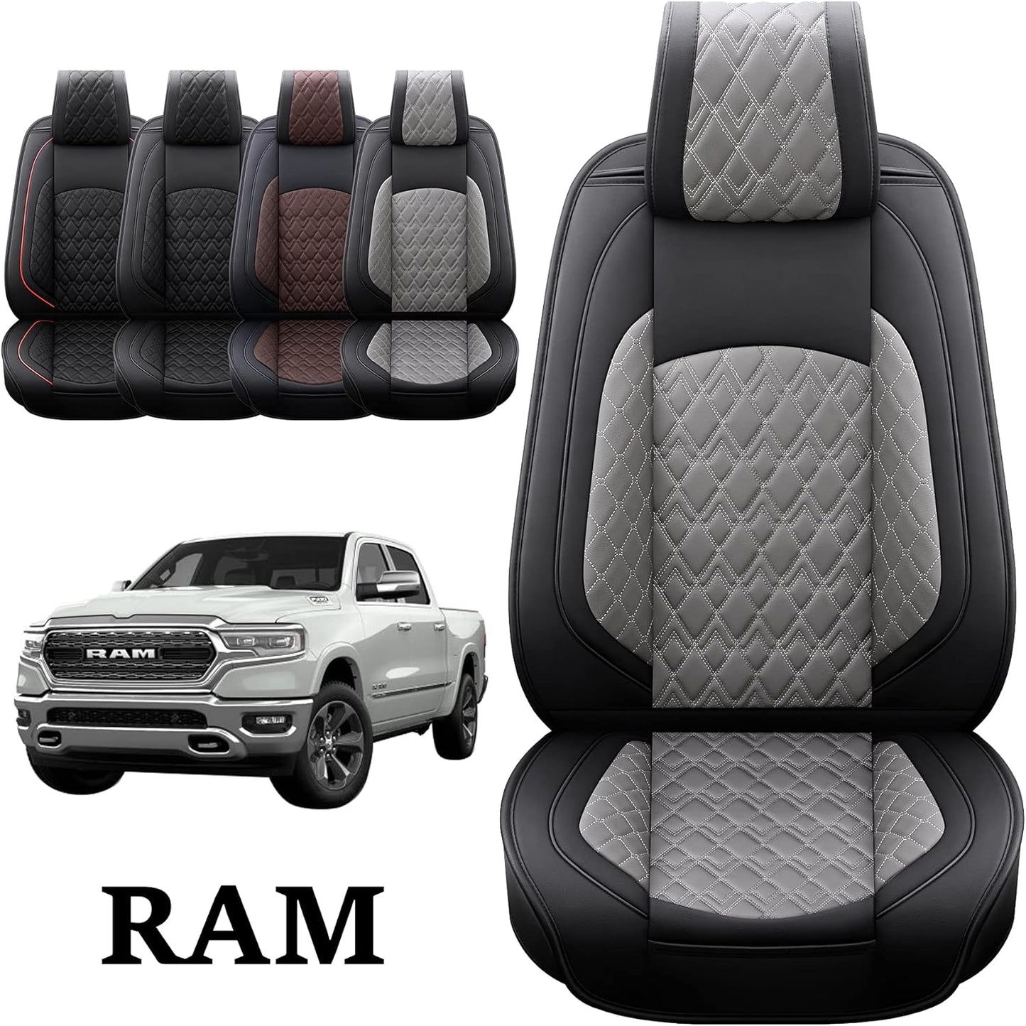 JOJOBAY Car Seat Covers for Dodge Ram 2 Pcs Front,Fit Ram 2009-2025 1500/2500/3500 Pick-up Truck,Crew,Regular,Quad,Mega Cab,Waterproof Leather Seat Covers Protectors（2 PCS Front,Black-Grey）