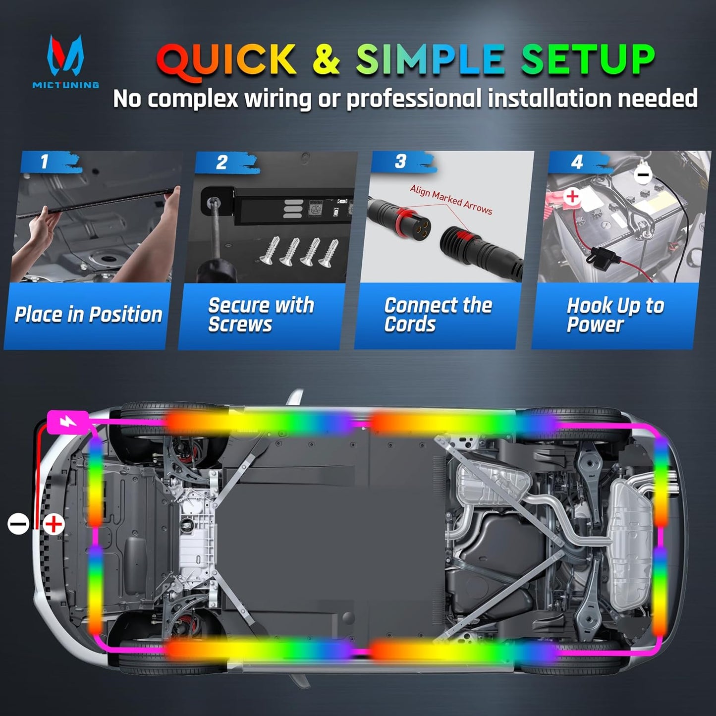 MICTUNING 8Pcs N8+ Chasing Color RGB+IC Underglow Neon Accent Strip Lights, 12V Multi DreamColor Music Soundsync Exterior Underbody Lights for Car, Wireless App & Remote Control, 2 Years Warranty