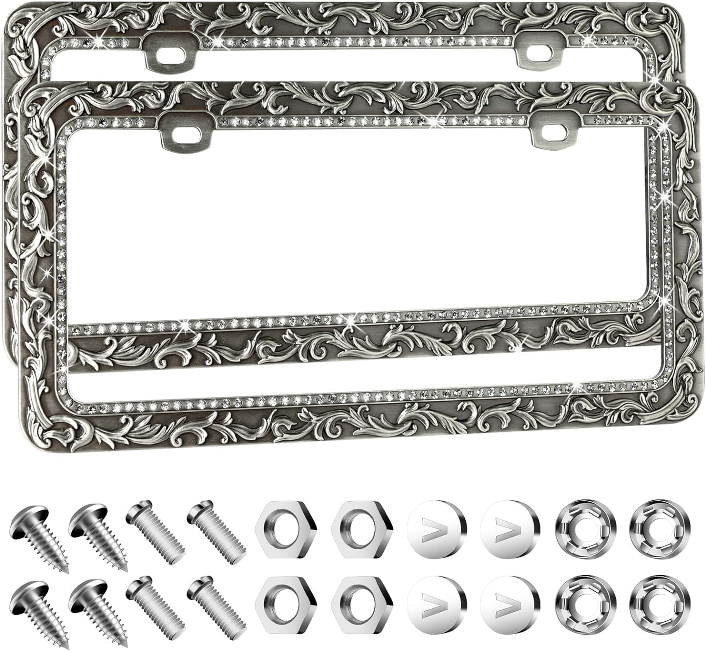 Valor Metal Car License Plate Frames,Antique Old Pattern Printing, Bling Crystal Rhinestones Inlaid,Universal 2 Holes Automotive Replacement Parts Plate Holder(2 Pack)