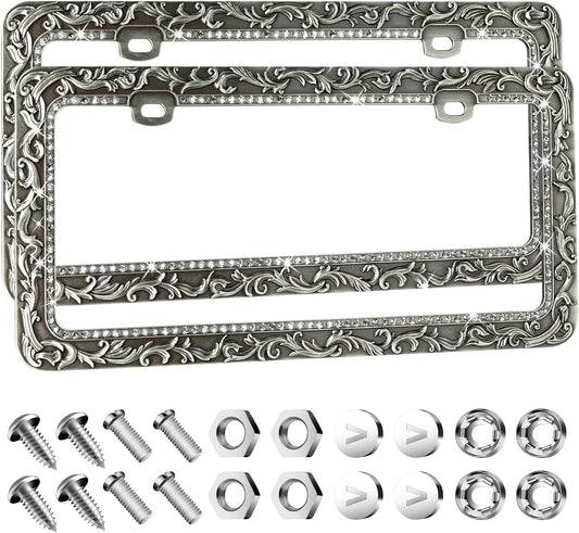 Valor Metal Car License Plate Frames,Antique Old Pattern Printing, Bling Crystal Rhinestones Inlaid,Universal 2 Holes Automotive Replacement Parts Plate Holder(2 Pack)