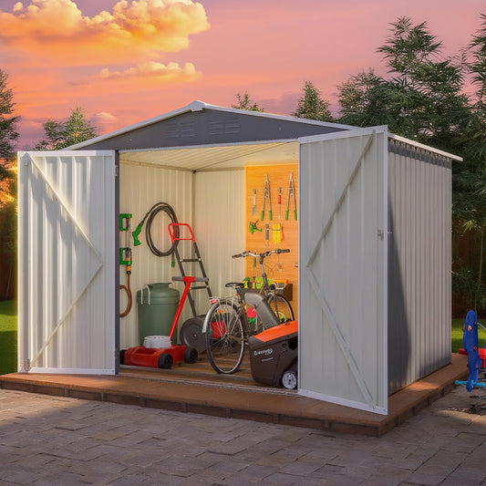 8 x 6 FT Outdoor Storage Metal Shed, Bike Garden Tool Shed with Slooping Roof, Lockable Doors and Aluminum Frames, Shed Easy to Assemble for Garden, Patio, Lawn, Grey