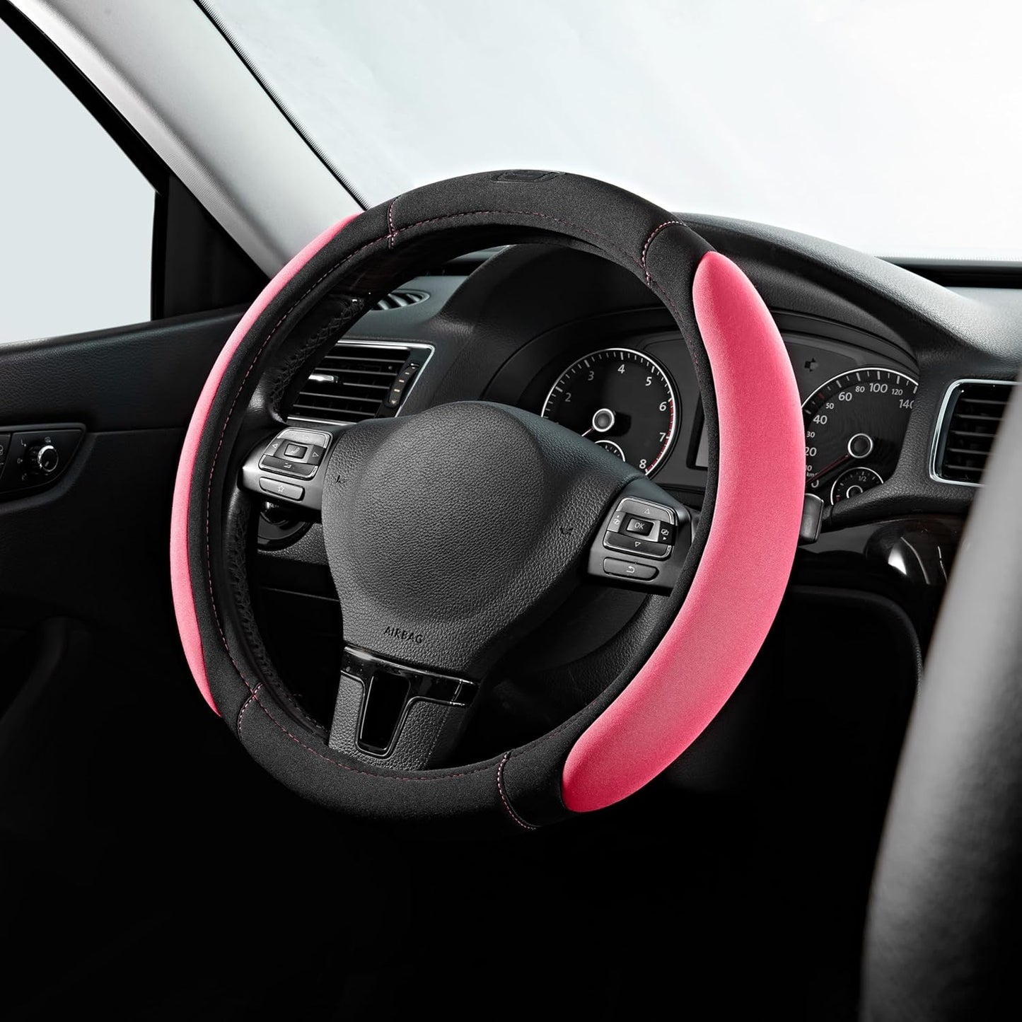 Skechers Pink Steering Wheel Cover, Memory Foam Car Steering Wheel Cover,14.5-15inch Anti-Slip Safety Comfortable Desgin, Universal Accessory for Diverse Cars, Truck,SUV (Black & Pink)