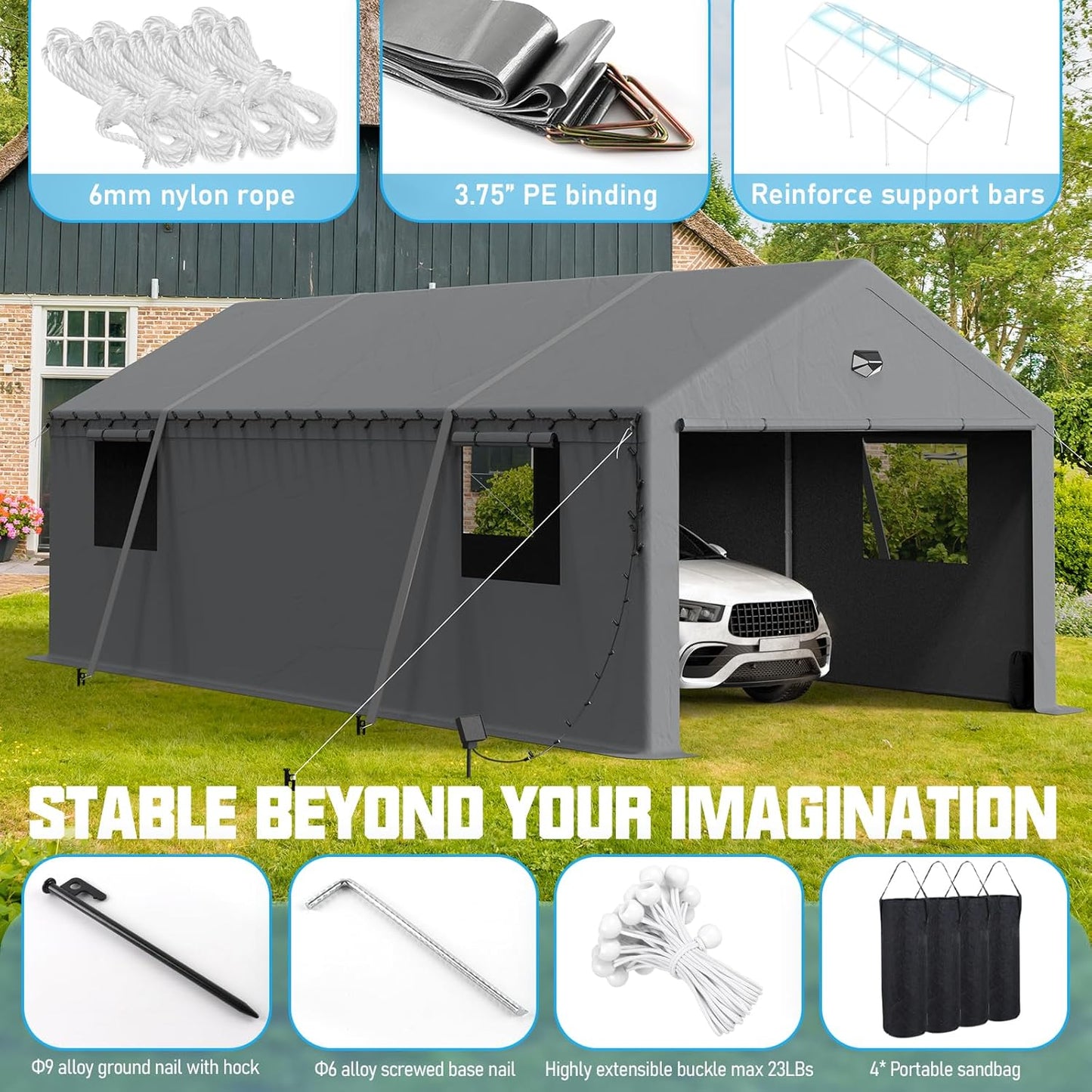 13x25 Carport, Heavy Duty Carport Canopy Garage with Removable Sidewalls and Drive Through Roll Up Zipper Doors, Grey