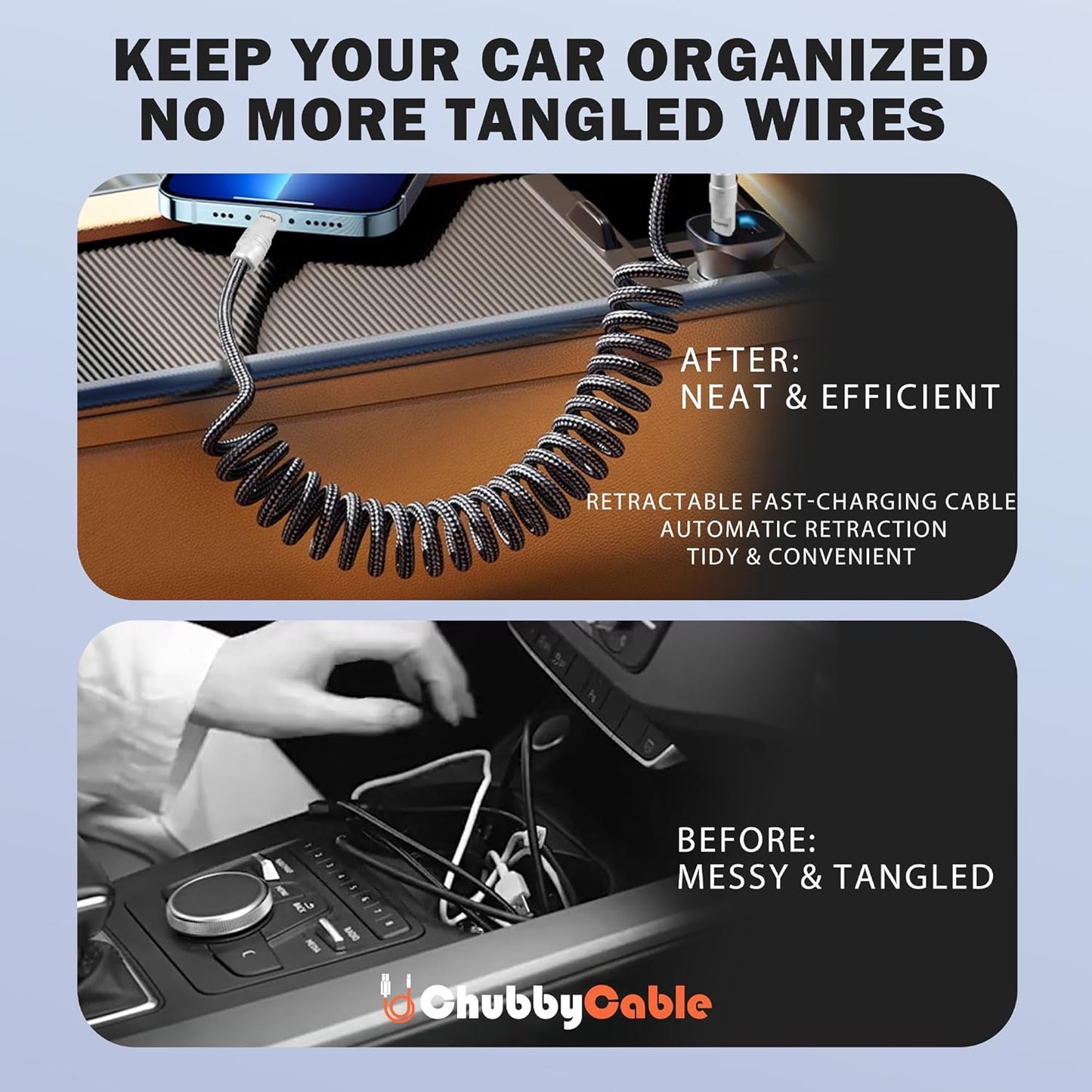 chubbycable Curly Chubby - Retractable Fast Charging Cable 240W Coiled Charger Cord for Car Durable USB-C Cable for Phones, Tablets and More, Dark Blue+Dark Blue, Type-C to Type-C, 1.3FT-2.3FT