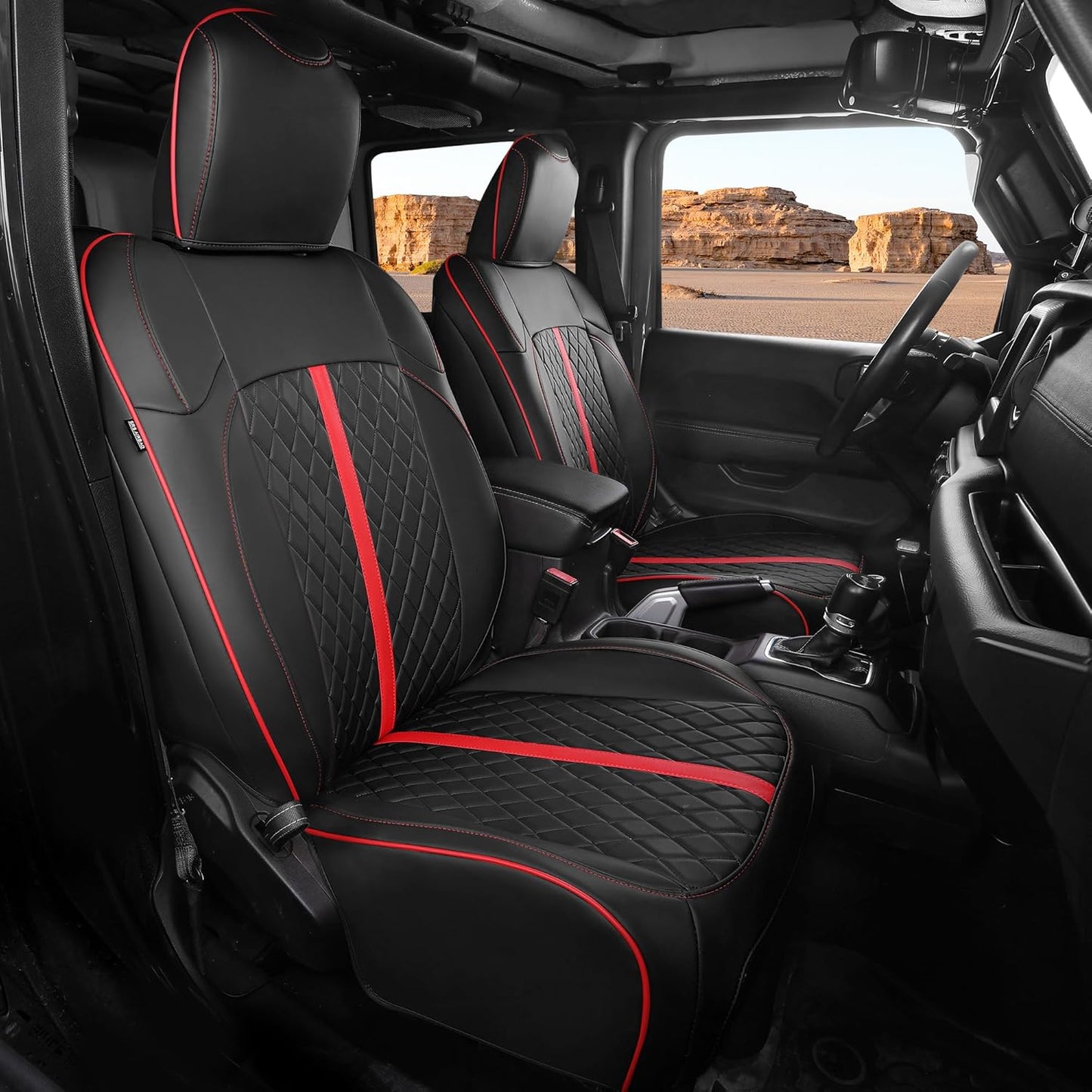 for Jeep Wrangler Seat Covers 4Door JK 2013 2014 2015 2016 2017, Custom Car Seat Cover Full Set, Luxury Leather Seat Protectors, Waterproof SUV Interior Cushions Accessories, Black Red Trim