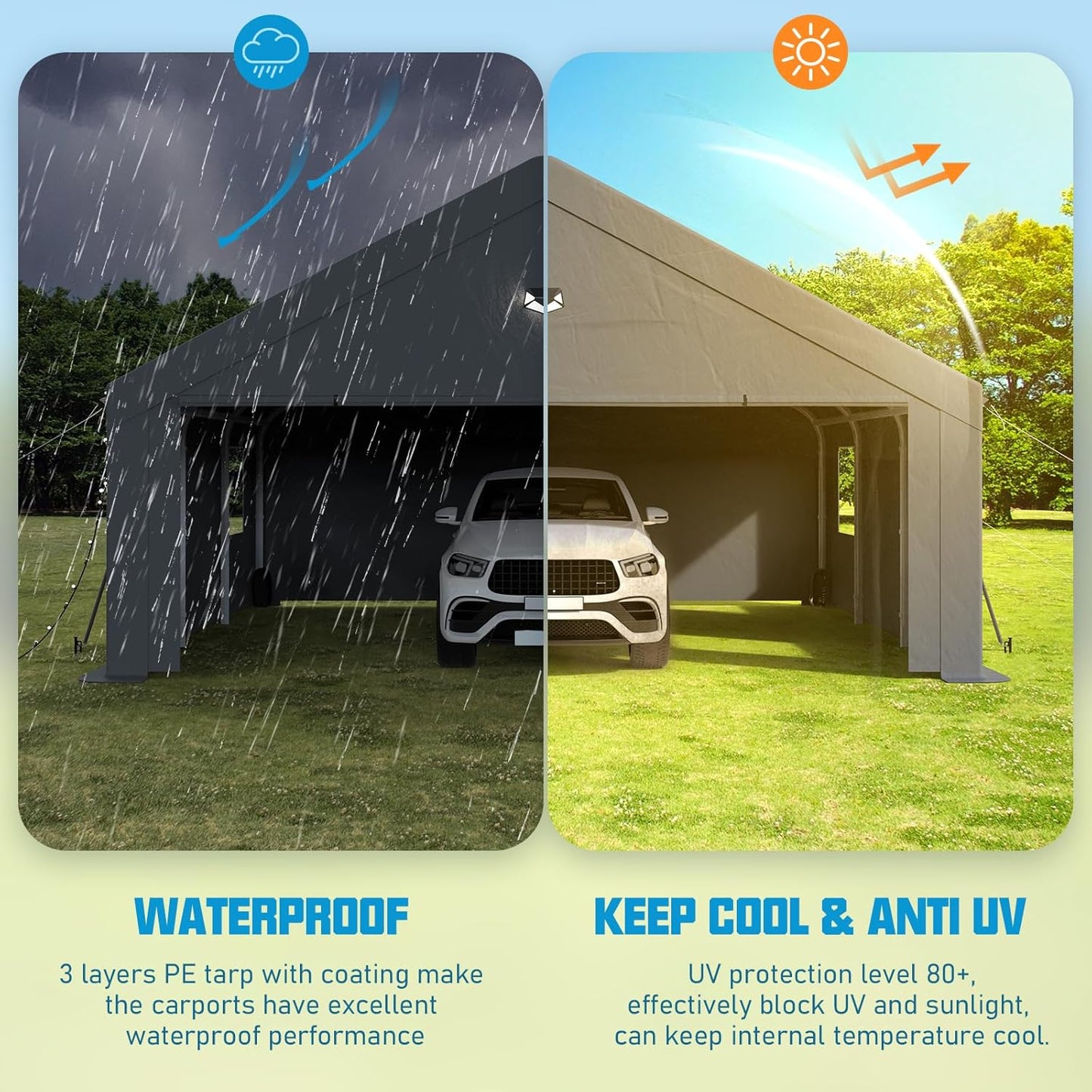 20x20 Carport, Heavy Duty Carport Canopy Garage with Removable Sidewalls and Drive Through Roll Up Zipper Doors, Grey