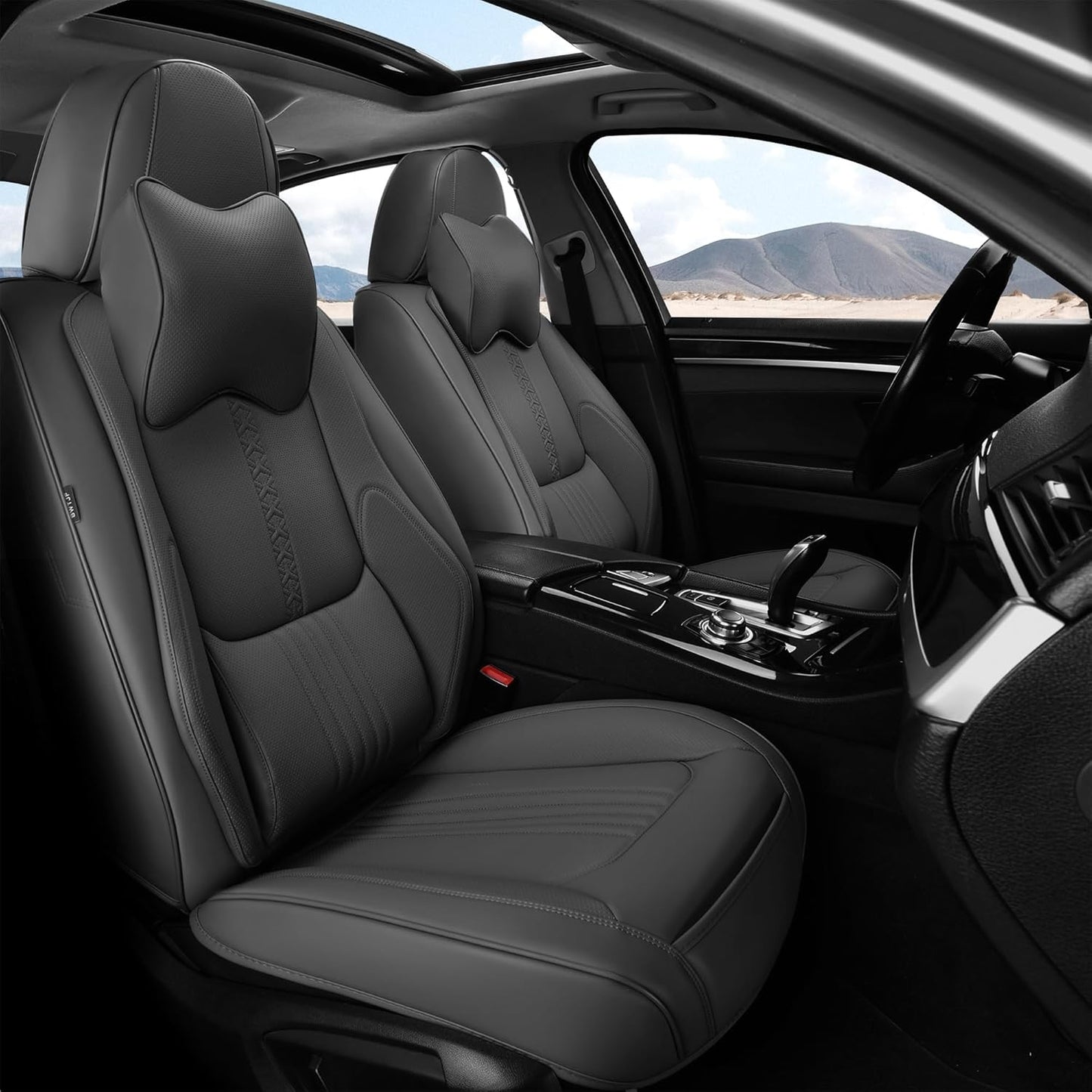 Front Seat Covers, 2 Pieces Universal Seat Covers for Cars, Waterproof Leather Auto Seat Protectors with Head Pillow, Car Seat Cushions Fit for Most Sedans SUV Pick-up Truck, Gray