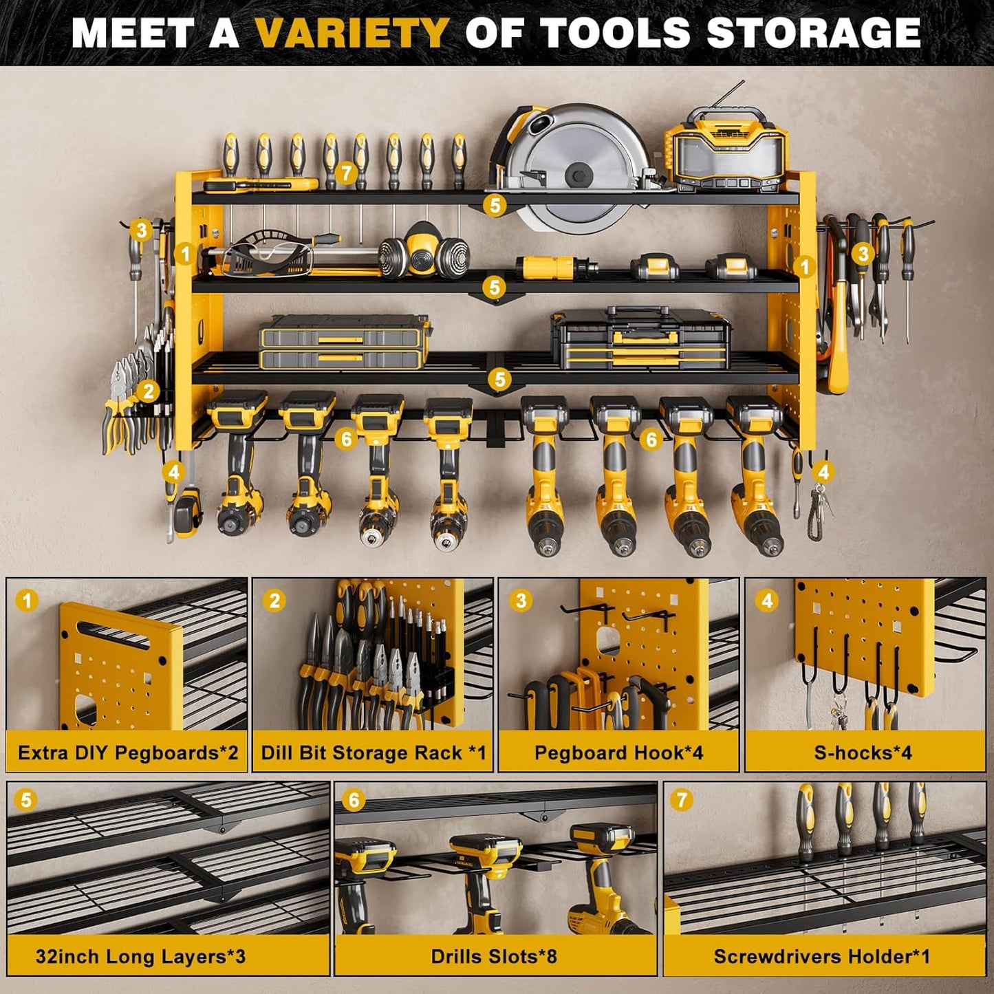 Power Tool Organizer Wall Mount,Cordless Drill Organizer,4 Layers Large Capacity Tool Rack with 8 Drill Holders(YELLOW)