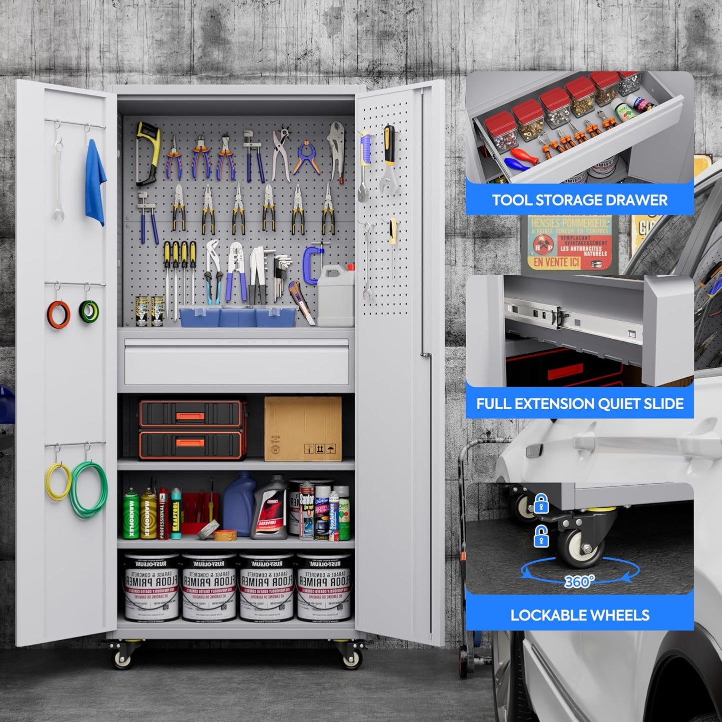 Garage Storage Cabinet with Locking Doors and 2 Adjustable Shelves, 71" H Metal Rolling Tool Storage Cabinet with Wheels, Drawer, Pegboard and 16 Hooks for Garage, Warehouse, White and Gray