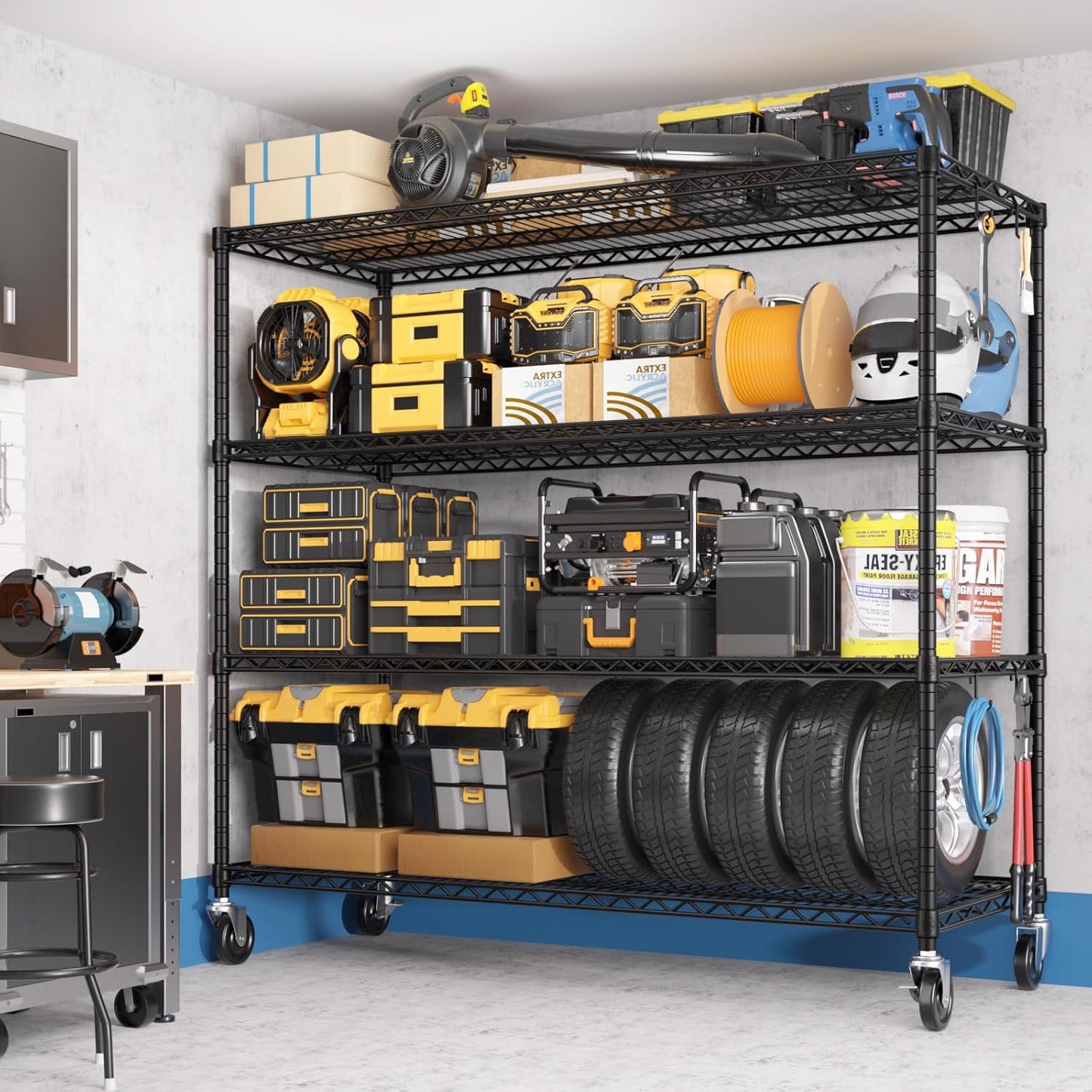 PrimeZone 4 Packs 55.5" W x 24" D x 80" H Heavy Duty Wire Storage Shelves with Wheels, 4 Tier Adjustable NSF Certified Garage Shelving Unit, Rolling Metal Organizer Shelf Rack for Warehouse, Pantry