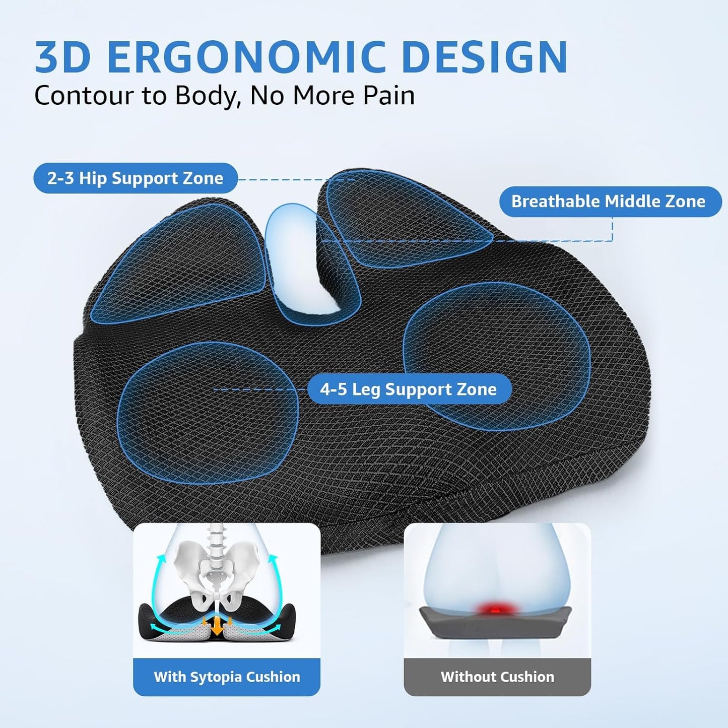 Extra Large Office Chair Cushion, 19" x 17" Ergonomic Memory Foam Seat Cushion for Tailbone, Back, Sciatica & Hip Pain Relief, Booster Pad for Sitting & Driving, Removable Washable Cover, Black