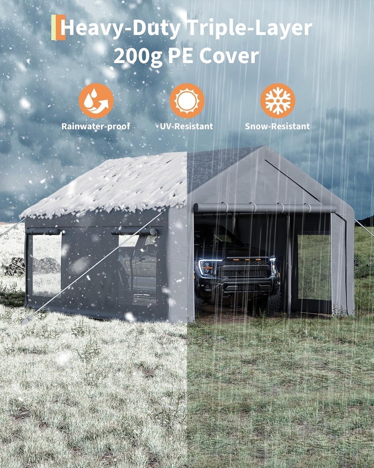 12 x 20ft Heavy-Duty Carport Canopy with Roll-Up Windows & DoorsThickened Wind Ropes, Ground Nails, Portable Car Tent Garage for Cars, Trucks, Boats, 180G Durable Tarp Cover,Grey