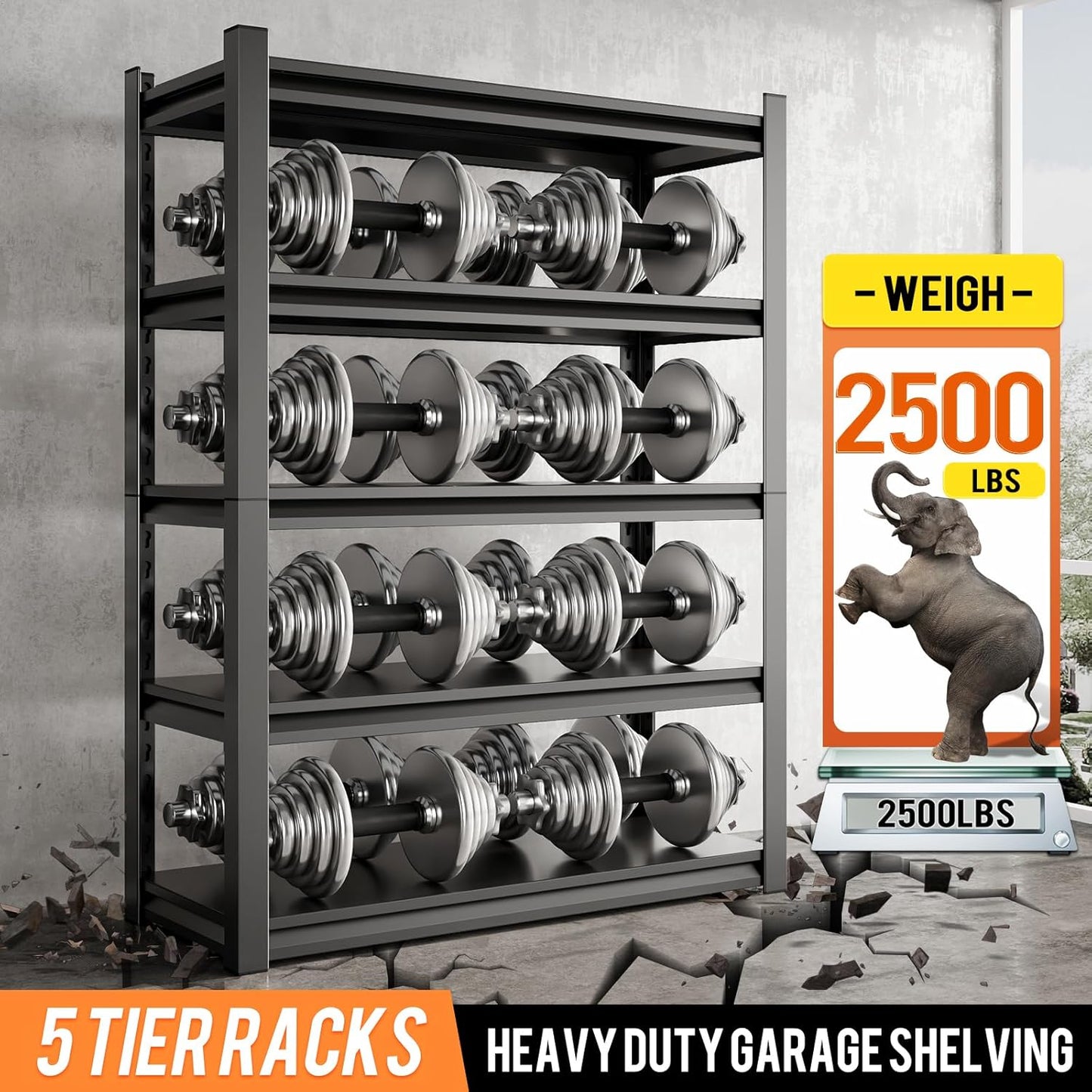 72" H Garage Shelving Unit, Garage Storage Shelves 2500LBS Heavy Duty Shelving, Adjustable 5 Tier Metal Shelving Utility Shelf, Storage Rack for Industrial, Warehouse, Basement (18" D*39.3" W*72" H)