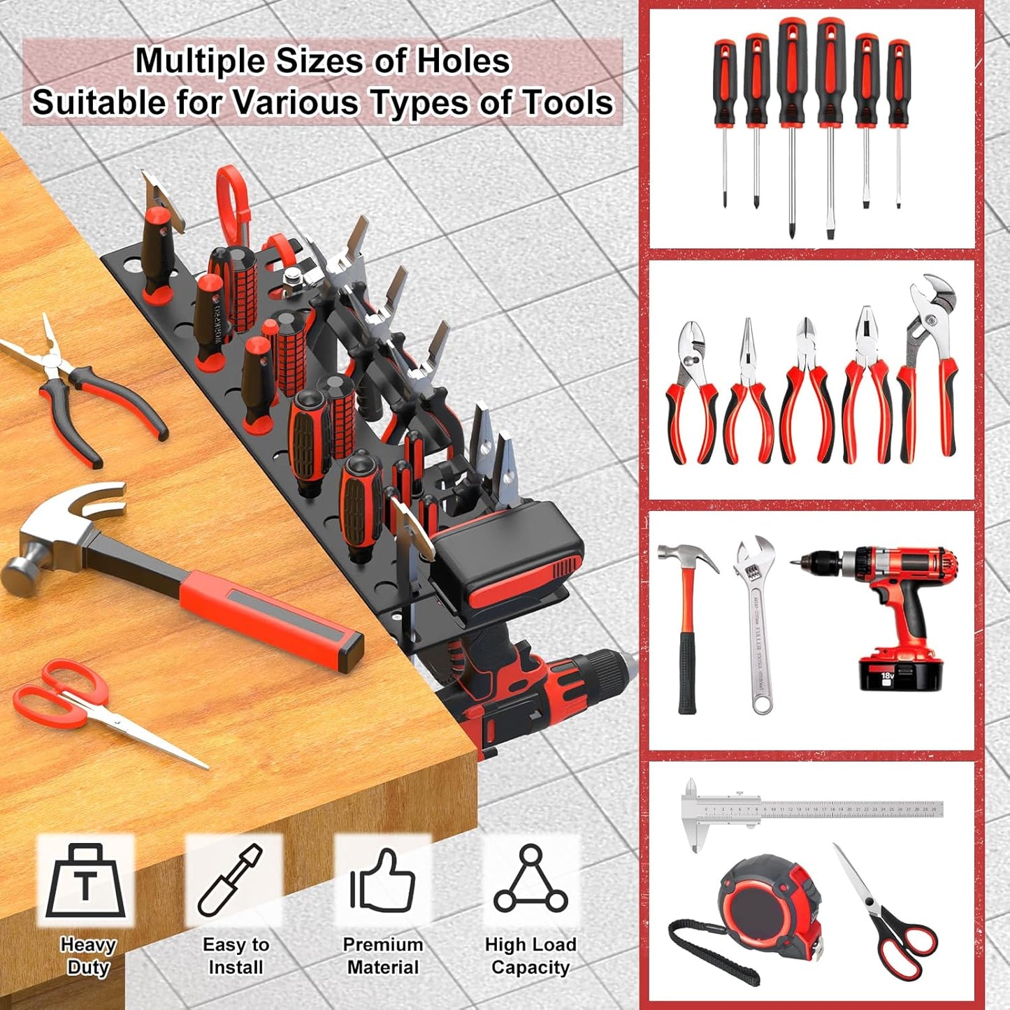 2Pcs Metal Screwdriver Organizer, Wall Mount Plier Organizer Hammer Holder, Hand Tool Storage Rack for Garage Workshop Workbench (Black, 2PCS)