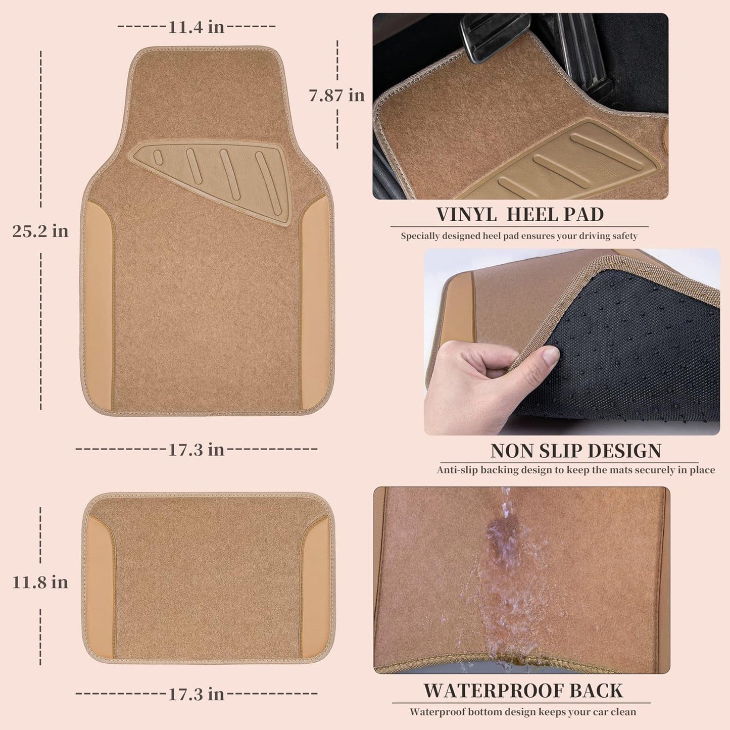 CAR PASS Beige Leather & Waterproof Car Carpet Floor Mats, Universal Car Mats Fit for SUV,Vans,sedans, Trucks,Set of 4pcs Car Carpet with Anti-Slip nibbs Driver Heel Pad (All Beige)