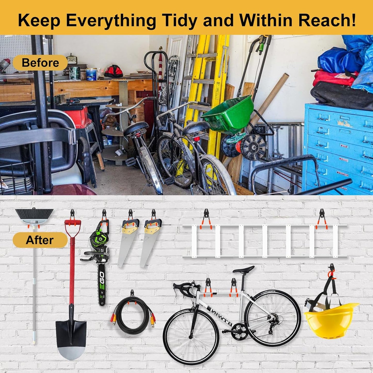 Steel Garage Hooks Wall Tool Organizer, 8 Pack Garage Storage Hook Heavy Duty Utility Storage Hangers Orange for Ladders, Ropes, Garden Tools