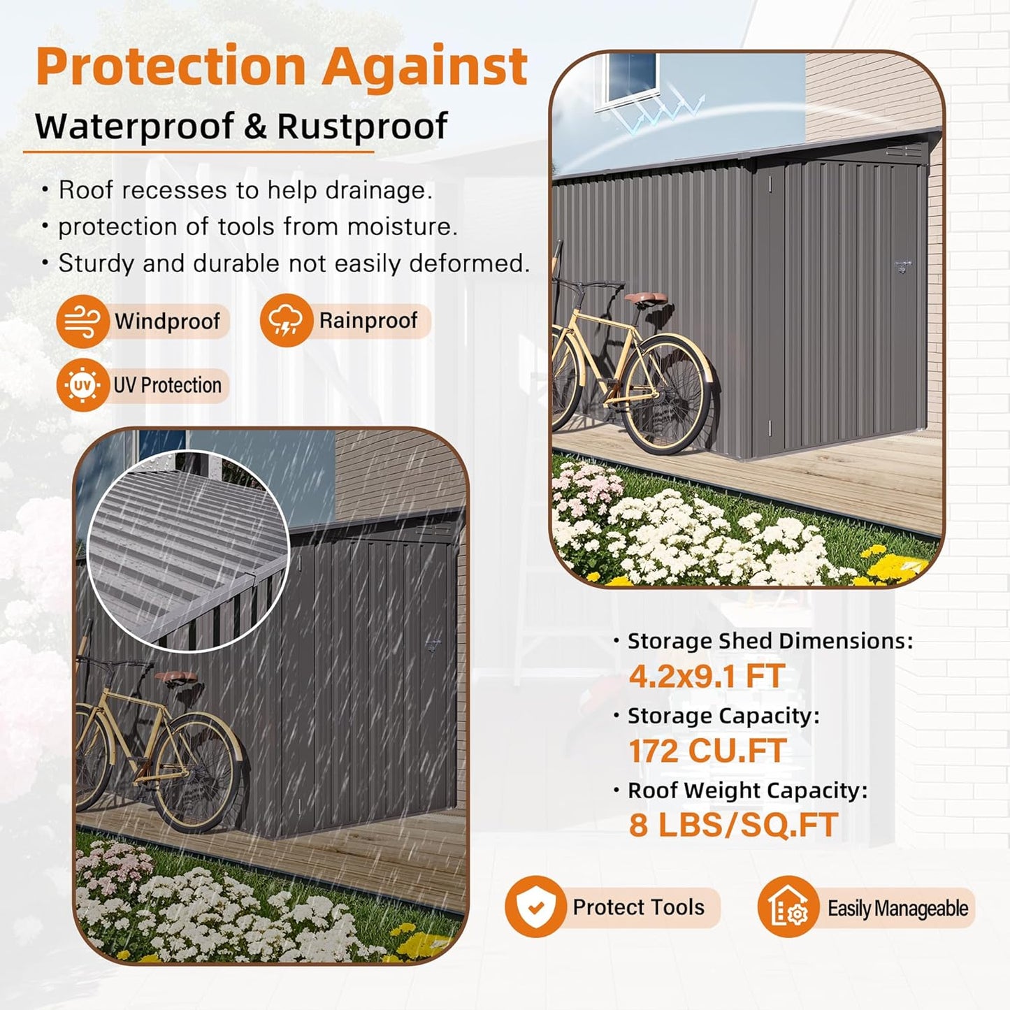 4x9 FT Outdoor Metal Storage Shed with Sloping Roof, 2 Vents and 1 Side Door, Weather-Resistant Galvanized Steel Garden Tool House for Backyard, Patio, Lawn, Garage