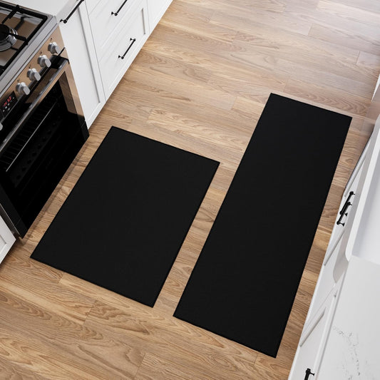 Ottomanson 2-Piece Kitchen Rug Set - Non Slip, Runner & Small Area Rug - Solid - 20" x 59" & 2'3" x 3' - Durable, Stain Resistant for Entryway, Bedroom and Bathroom, Black