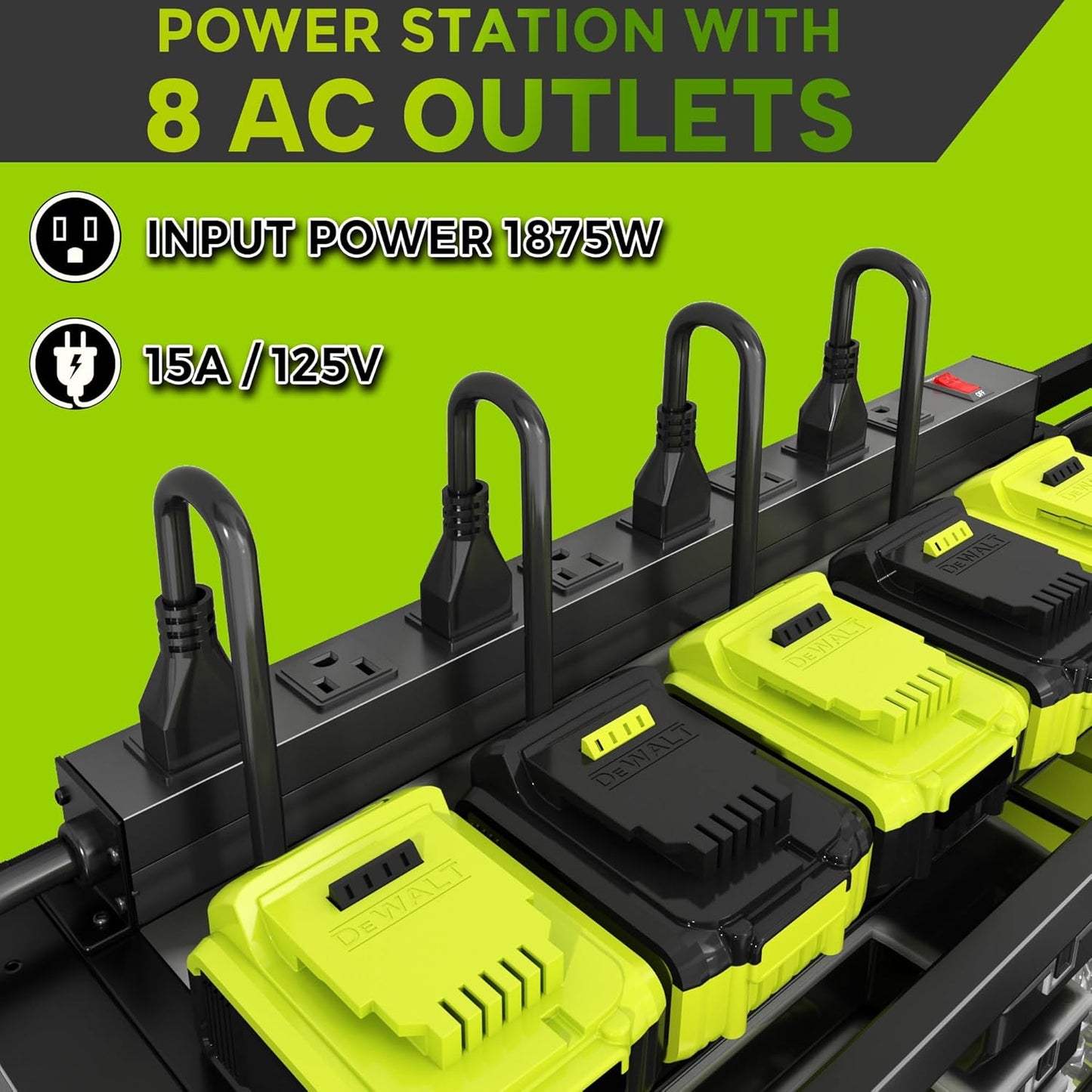 Large Power Tool Organizer Wall Mount with Charging Station, 8 Outlet Power Strip, 4 Layers 8 Drill Holder Heavy Duty Metal Tool Storage Loads 420lbs with Screwdriver Holder, Utility Racks for Garage