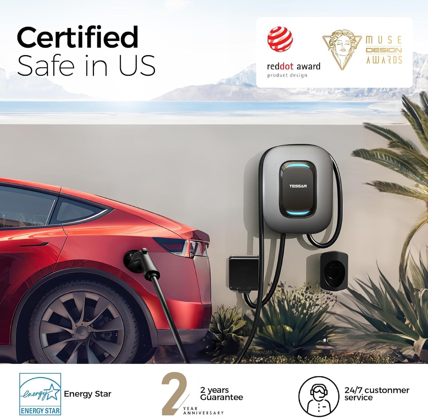 EV Charger Level 2, TESSAN 40A/240V Electric Vehicle Charing Station, Smart EV Chargers Equipment App Control Wi-Fi （Only 2.4Ghz）& Bluetooth 25ft Cable with NEMA 14-50 Plug for Indoor Outdoor Home