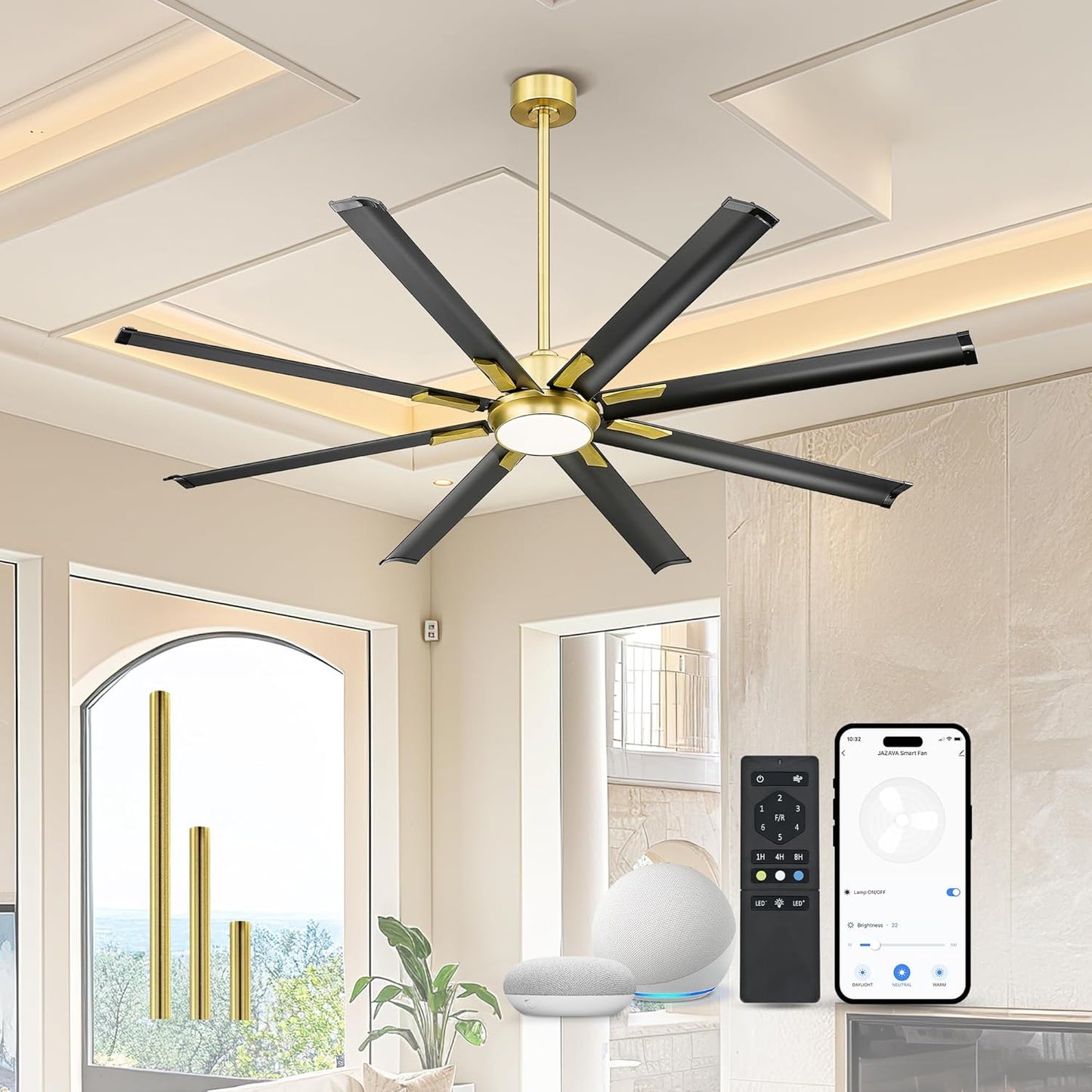 Industrial Ceiling Fan With Light,72 Inch Black & Gold Ceiling Fan With 8 Aluminium Metal Blades,Works with Voice Control,Ideal for Garage and Outdoor Spaces,CF04BGB-72