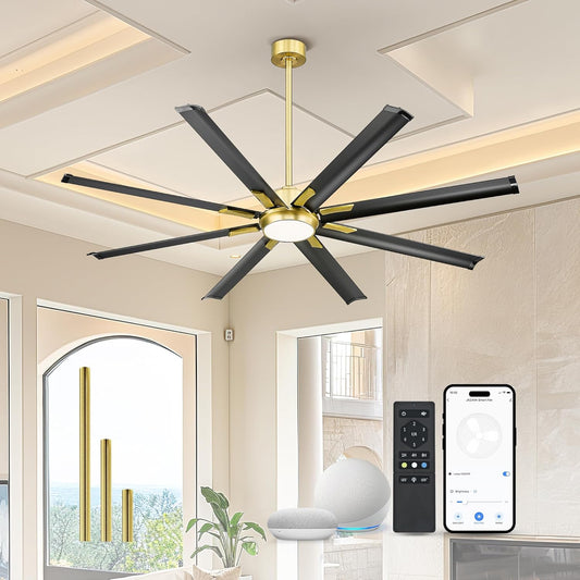 Industrial Ceiling Fan With Light,72 Inch Black & Gold Ceiling Fan With 8 Aluminium Metal Blades,Works with Voice Control,Ideal for Garage and Outdoor Spaces,CF04BGB-72