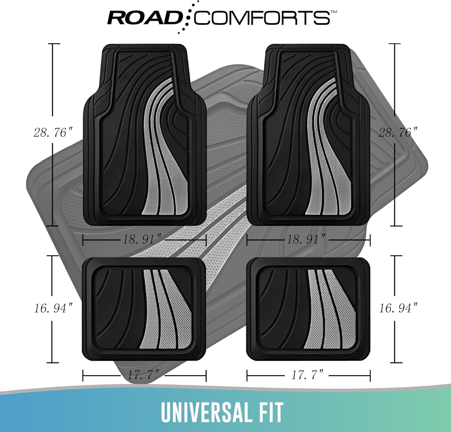 Road Comforts Car Floor Mats Full Set – Front & Rear Car Floor Mats with Aluminum Design, Anti-Slip Backing, All-Weather Protection, Trim-to-Fit Car Mats for Most Sedans, SUVs & Vans - Sliver
