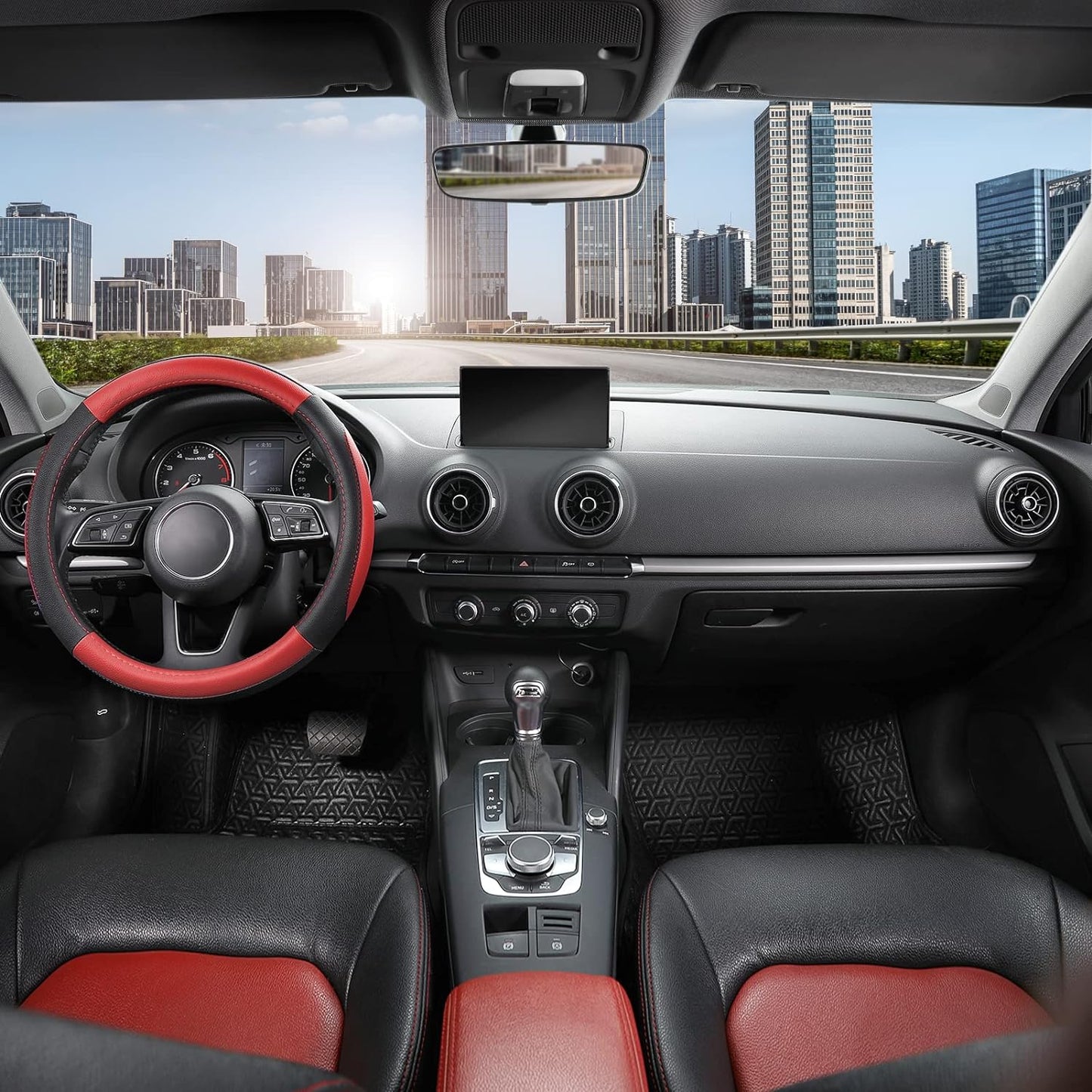 SEG Direct Car Steering Wheel Cover for Prius Civic Model 3 Model Y Camaro, Small Size 14-14.25 inch, Black and Red Microfiber Leather