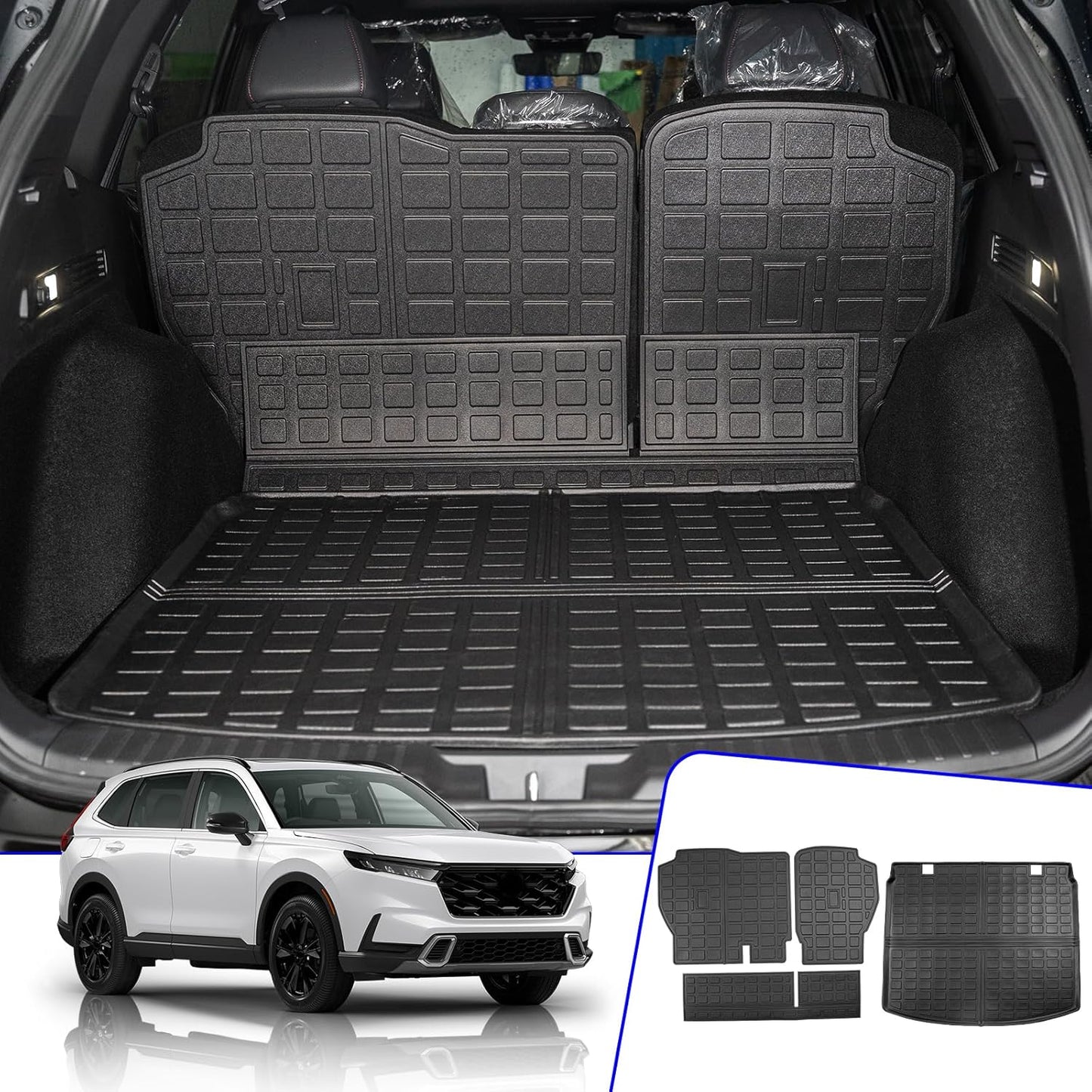 Rongtaod Cargo Mat Compatible with 2023 2024 2025 2026 Honda CRV (Include Hybrid) Cargo Liner Trunk Mat Back Seat Cover Protector Honda CR-V Accessories (Fit Upper Deck, Trunk Mat+Backrest Mats)