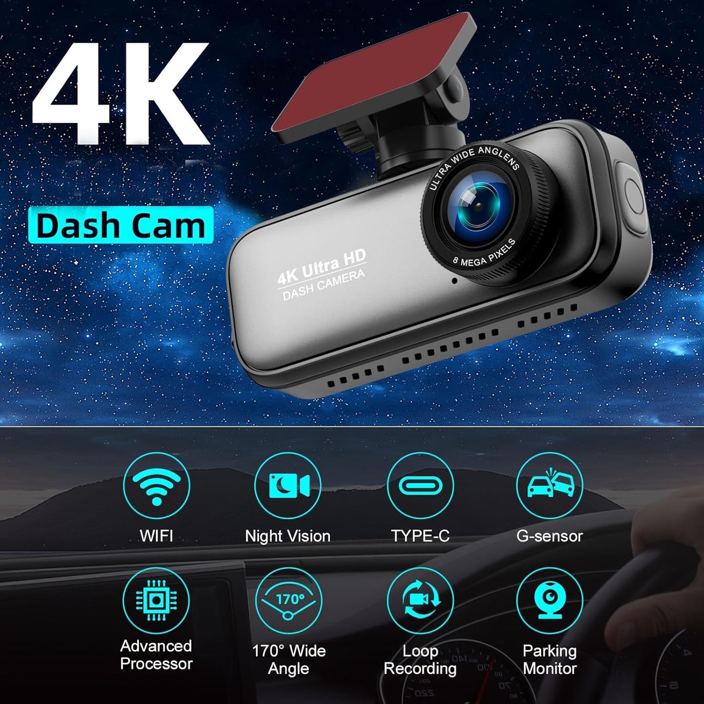 Dash Cam Front and Rear with 64GB Card, 4K+1080P Dual Dash Camera for Cars, Mini Car Camera, APP Control, Built-in Wi-Fi & G-Sensor, 170°Wide Angle, WDR, Night Vision, Loop Recording, Parking Mode