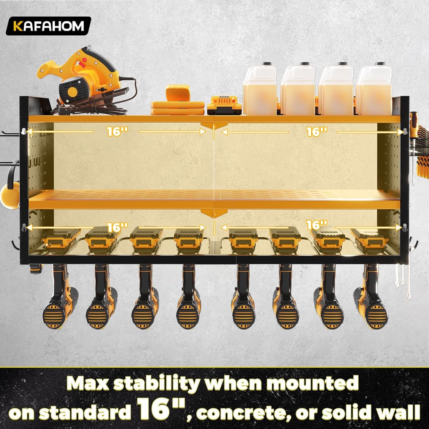 KAFAHOM Power Tool Organizer with Charging Station, Built in 8 Outlet Power Strip,Large 8 Drill Holder Wall Mount, Heavy Duty Metal Power Tool Storage Rack Tool Shelf for Garage Organization Yellow