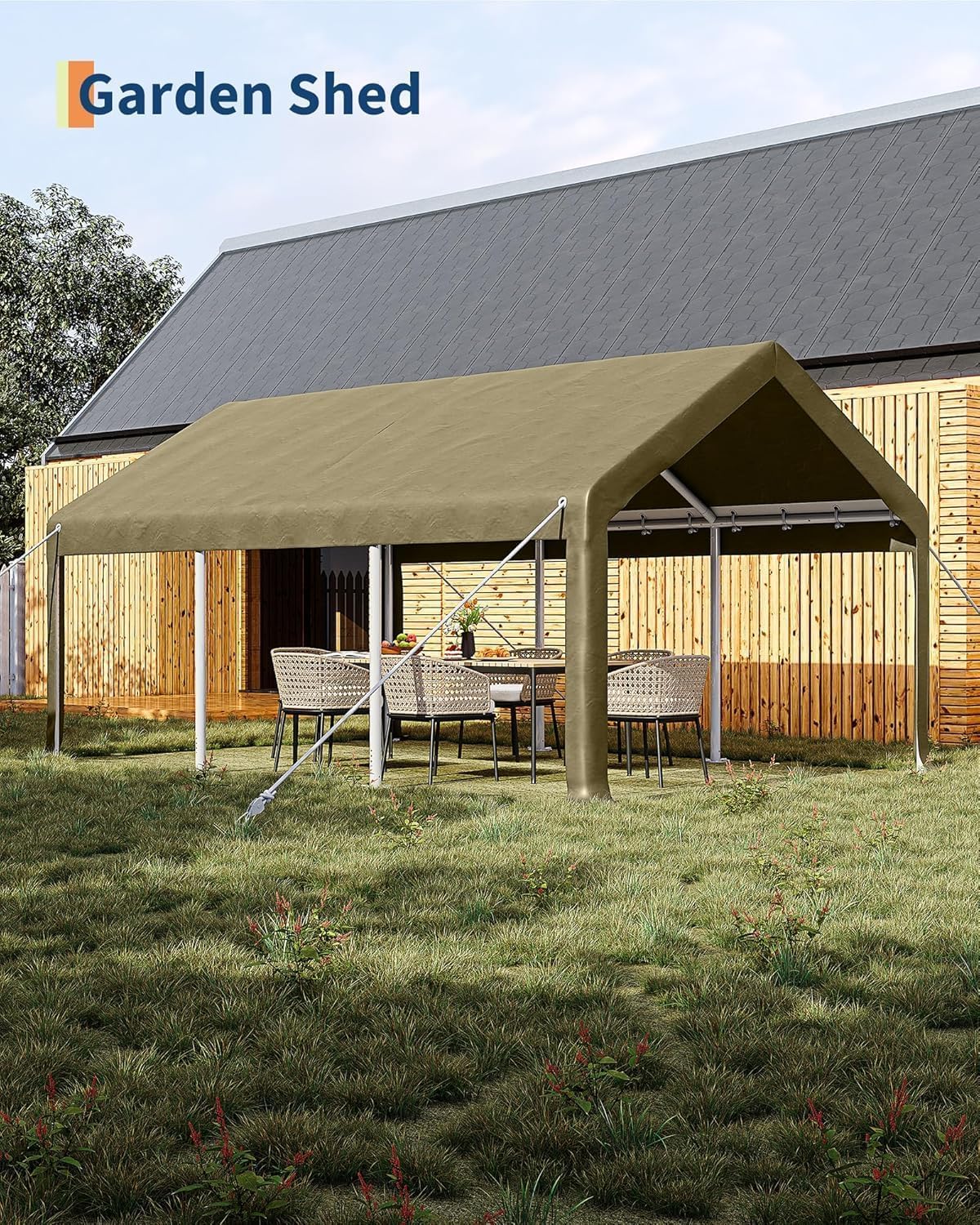 12 x 20FT Heavy Duty Carport with Roll-Up Windows, Portable Garage with Removable Sidewalls & Doors, Portable Car Tent Garage with Roll-Up Windows and All-Season Tarp, for Car, Truck,