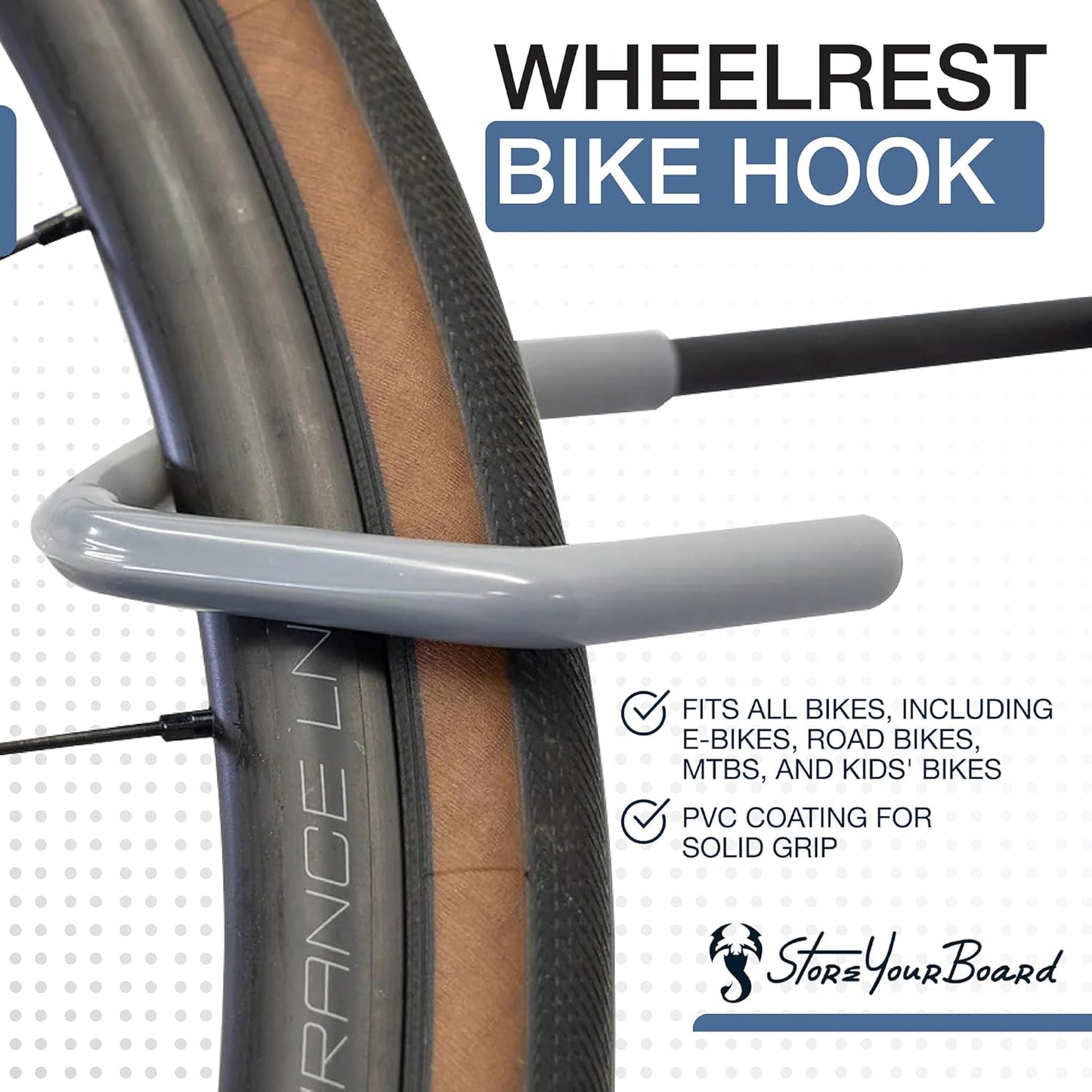 WheelRest Bike Hook, No-Lift Garage Wall Mount, Vertical Bicycle Storage Rack, Adjustable Bike Hanger for MTB, Road, eBike, 4 Pack