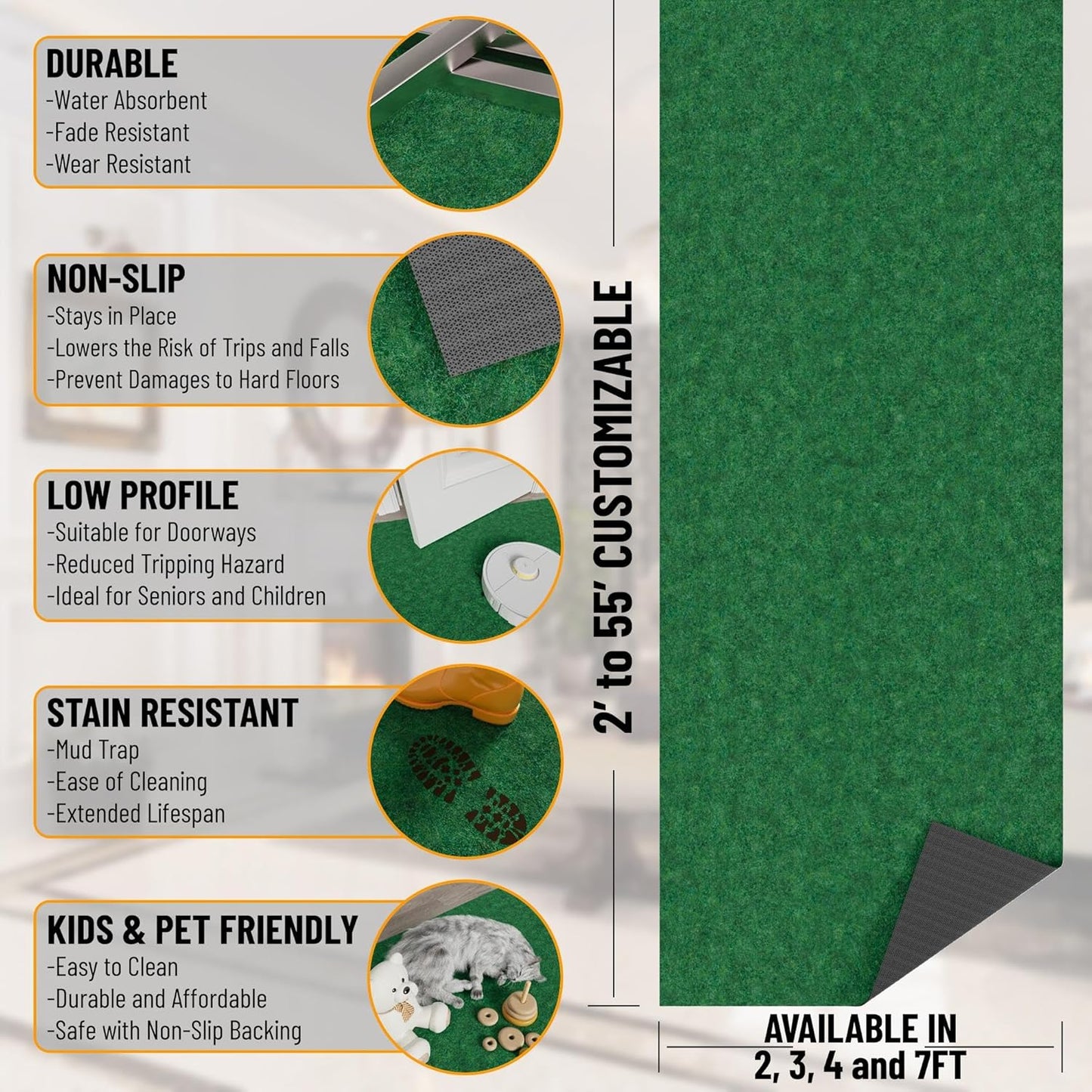 Ottomanson 2'7" x 7' Hallway Runner with Scraper Pile - Extra Durable Non-Slip Rug Mat for Indoor & Outdoor Use - Ideal for Kitchen, Entryway & Garage - High-Traffic Carpet, Green