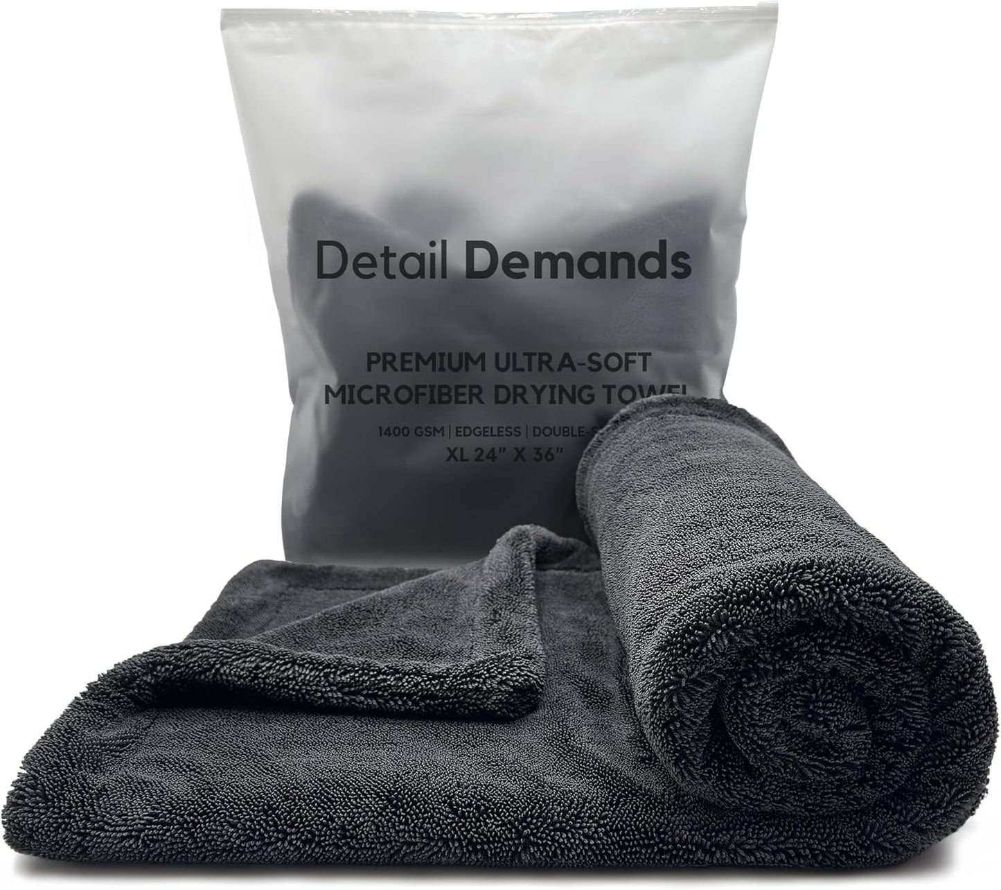 Extra Large Car Drying Towel - 1400 GSM Edgeless Twisted Loop Design - 70/30 Blend Microfiber Towels for Cars, Trucks, SUVs - Superior Absorption, Streak-Free - 24" x 36", Black