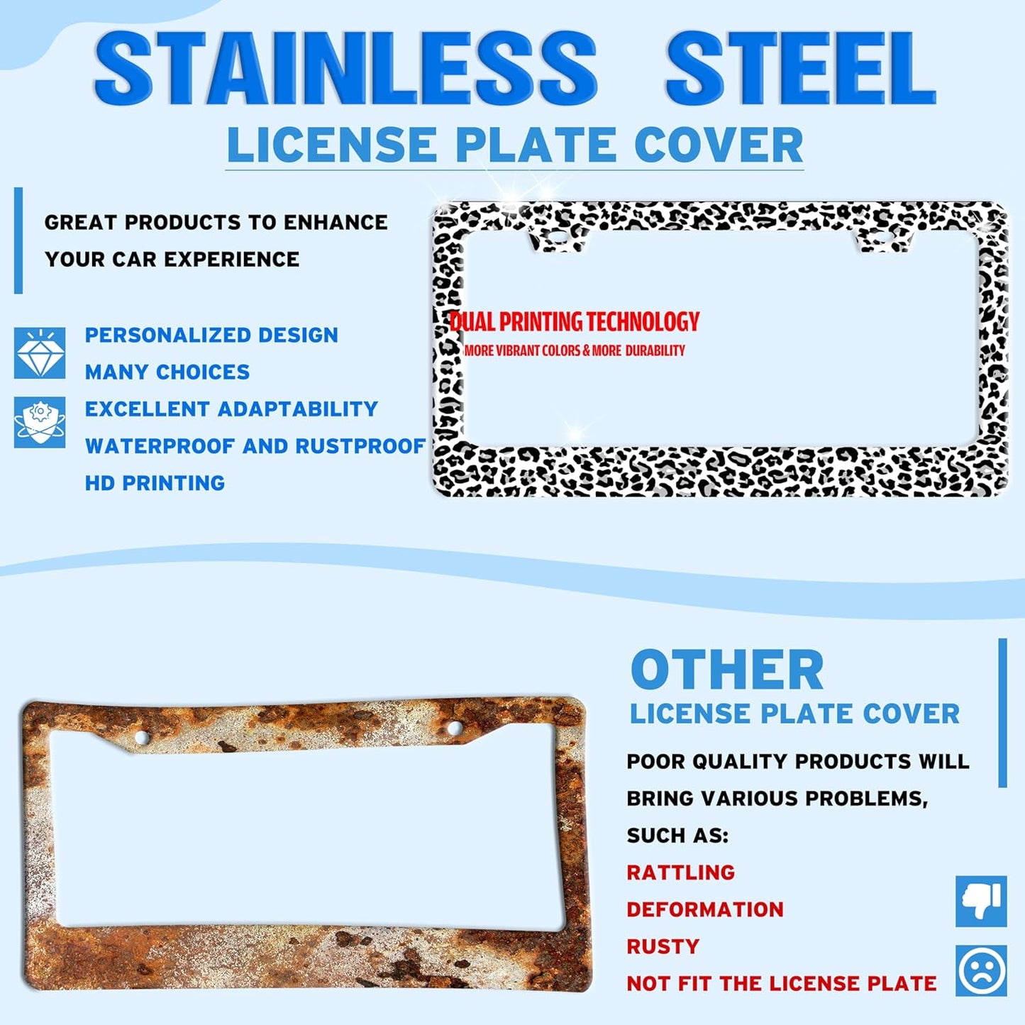 Leopard Print License Plate Frame Skin Texture Pattern Stainless Steel License Plate Holder for Front or Rear Car Tags Funny for Car Decoration Accessories with Screws 6.3 X 12.2 in for Women Men