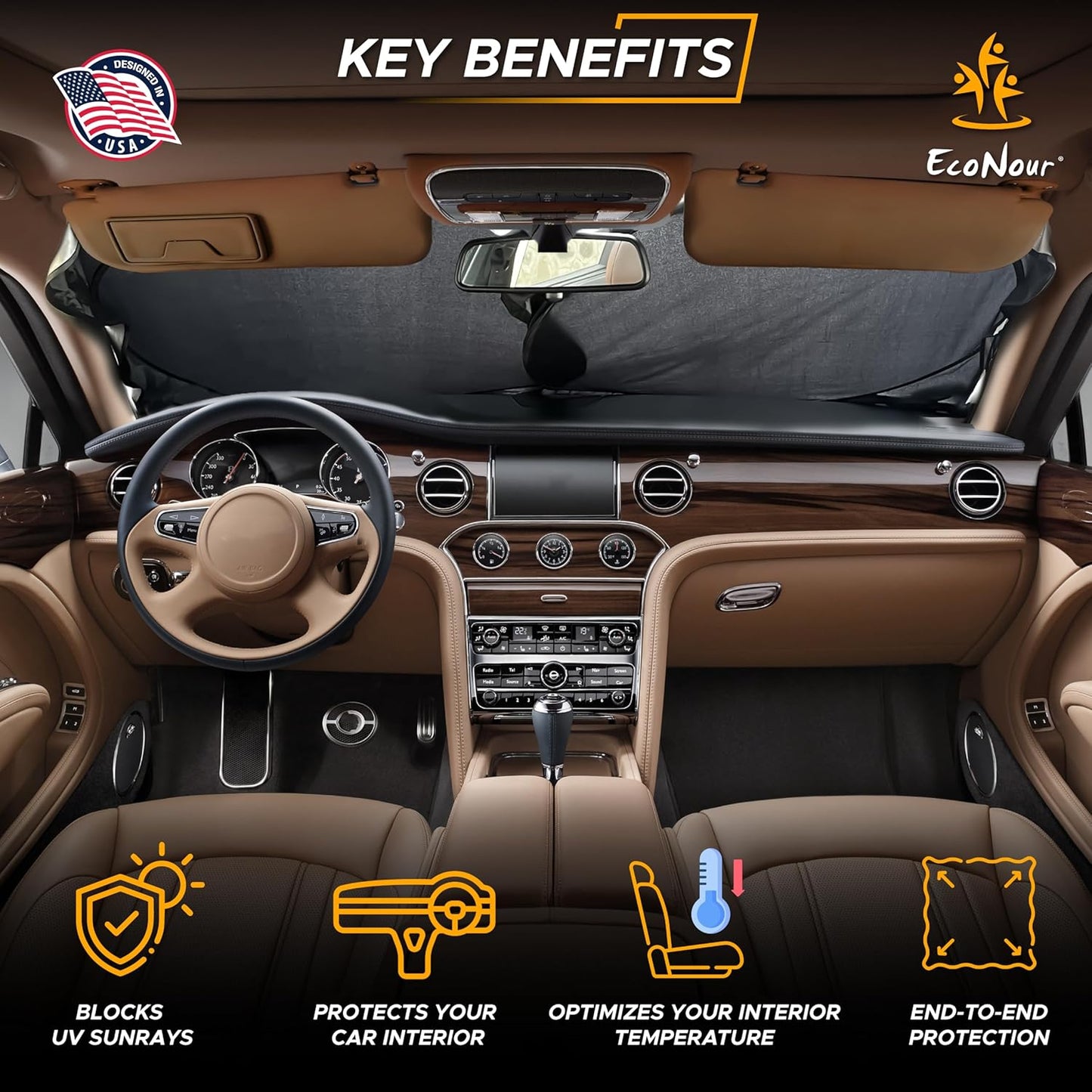 EcoNour Car Windshield Sun Shade (2 Pack), Reflector Sunshade car Window Shades, Car Reflective Sun Blocker Fits Small Sedans, Mini SUVs, & Hatchbacks, Medium (64 in x32 in)