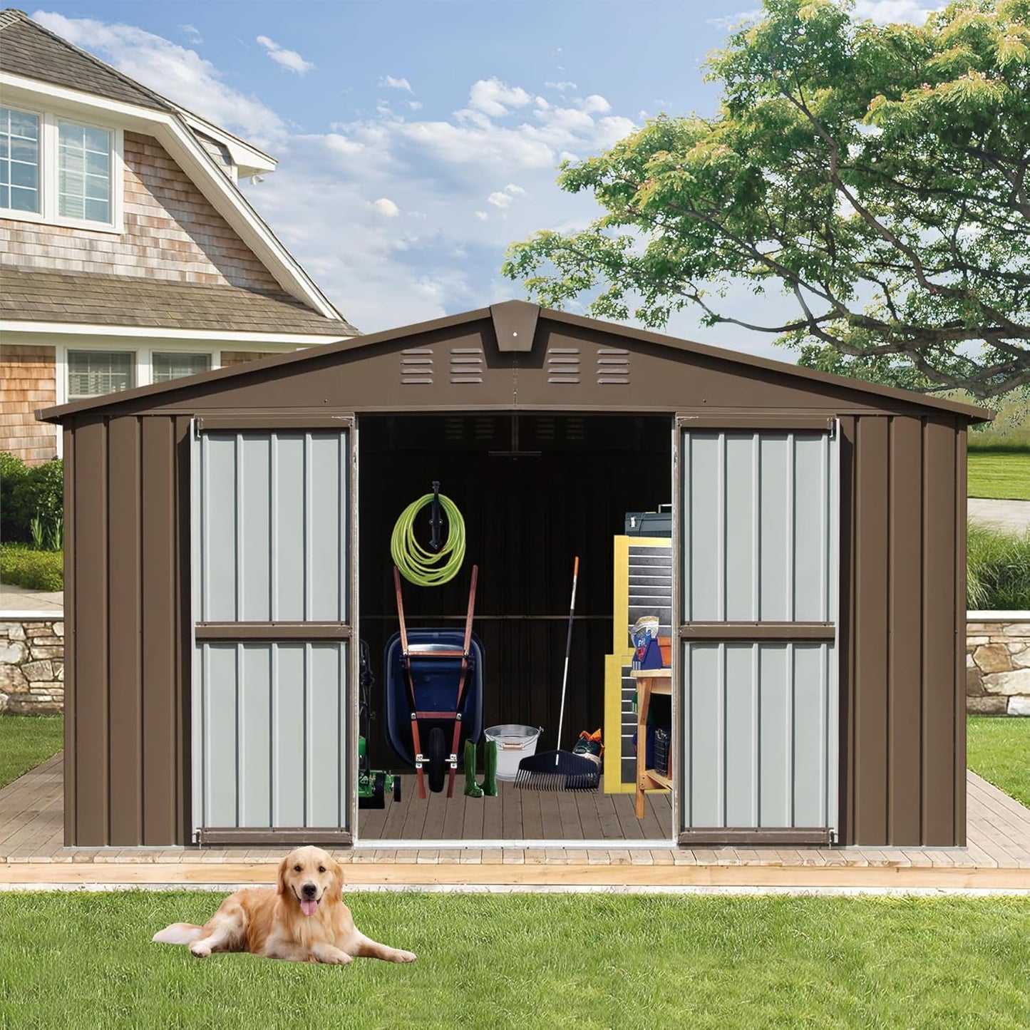 IKERY Extra - Large Galvanized Steel Storage Shed - 11' x 12.5' with Windows and Lock, Garden and Utility Tool Shed for Backyard and Patio, Brown