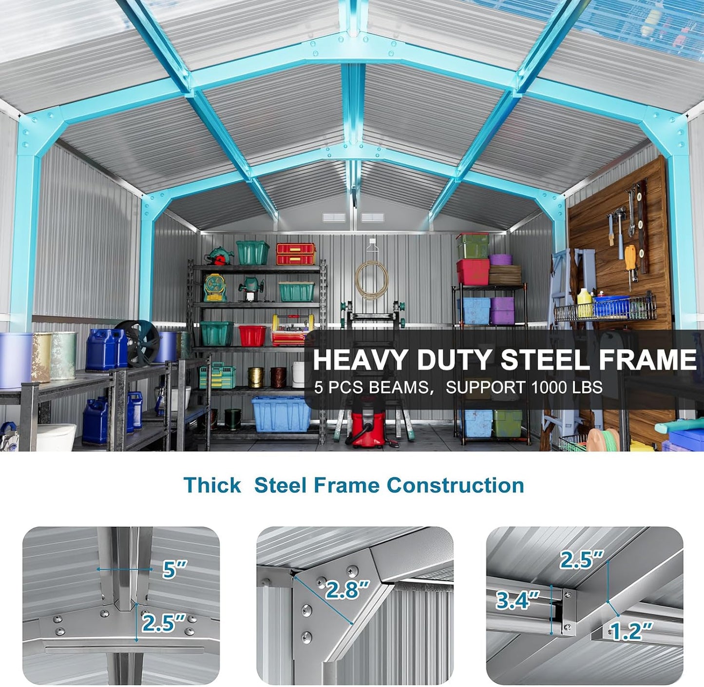 10x16 FT Metal Outdoor Shed Extra Large Waterproof Tools Storage House with Skyview Windows Air Vent Reinforced Frame for Outside Garden Backyard to Store Bikes,Lawnmower,Garage,Dark Grey