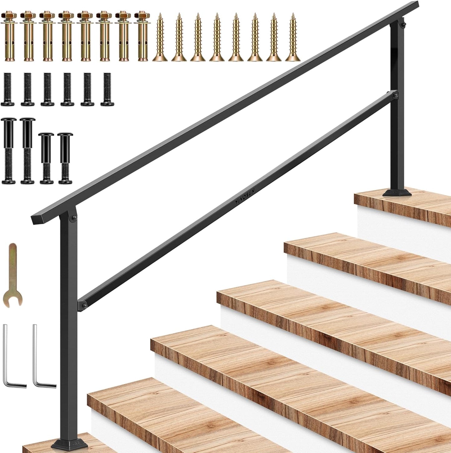VIVOSUN Outdoor Handrail, 6-7 Step Stair Handrail, 83" x 36" Fits 1 to 7 Steps, Wrought Mattle Iron Handrail for Concrete Steps, Porch Steps, Black, HR-0004