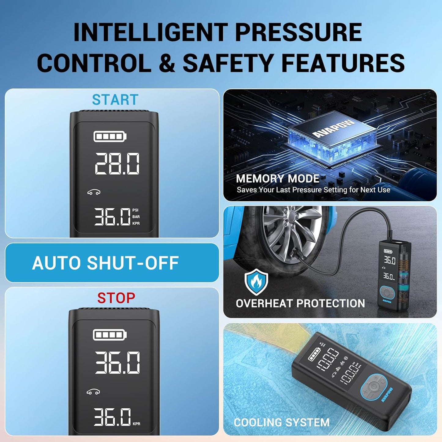 AVAPOW AP18 Tire Inflator Portable Air Compressor, 300% Faster 150 PSI Cordless Air Pump with Tire Pressure Gauge, 3.7″ Dual LCD Screen, Auto-Shuts Off Tire Pump for Car, Motorcycle, Bicycle, Black